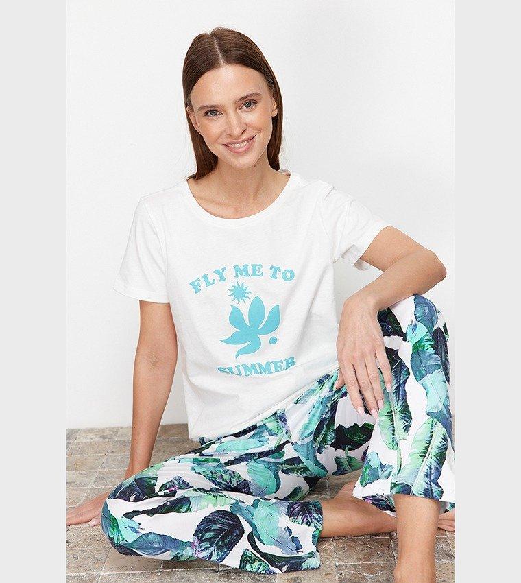 White Floral Knitted Pyjamas Set, , large image number 1