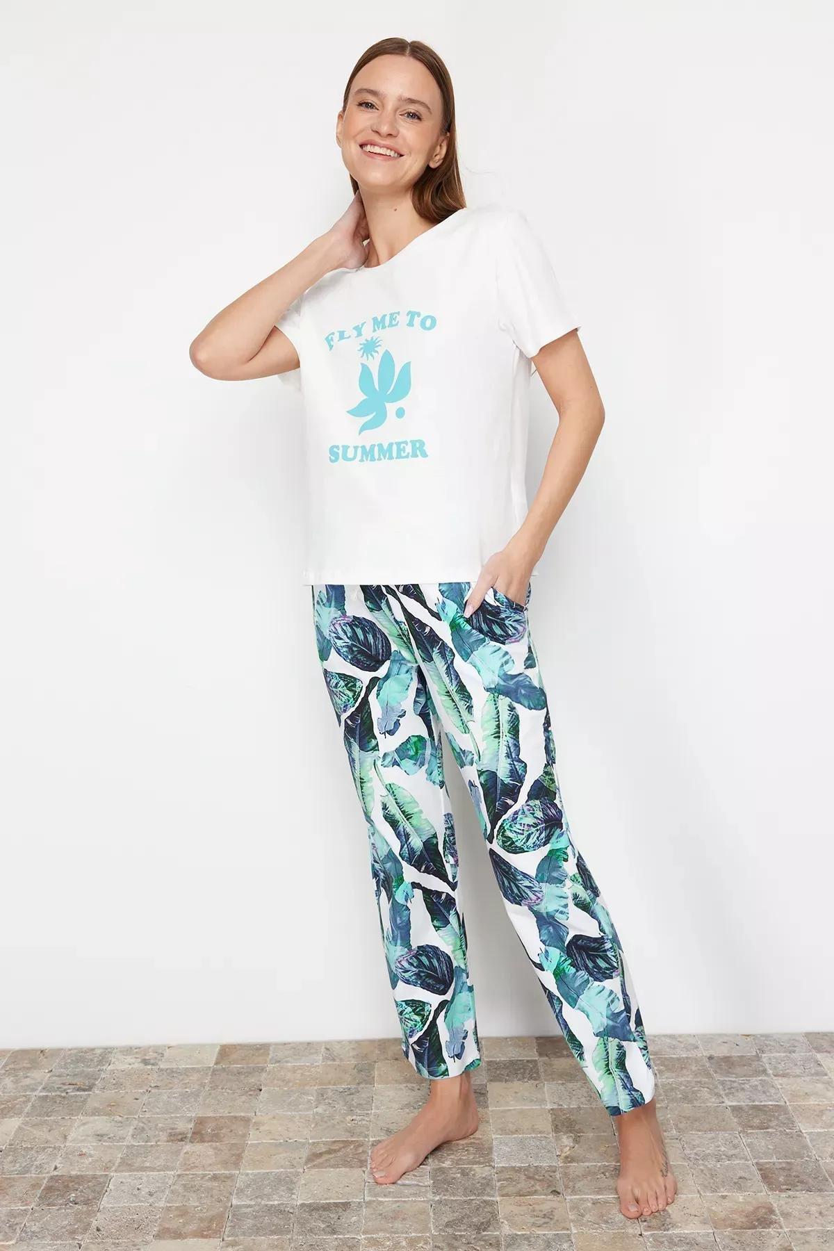 White Floral Knitted Pyjamas Set, White-Multicolor, large image number 1