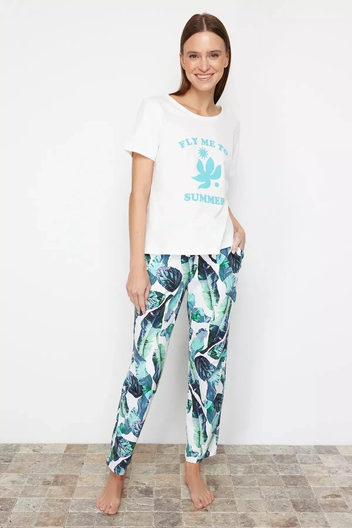 White Floral Knitted Pyjamas Set, , large image number 2