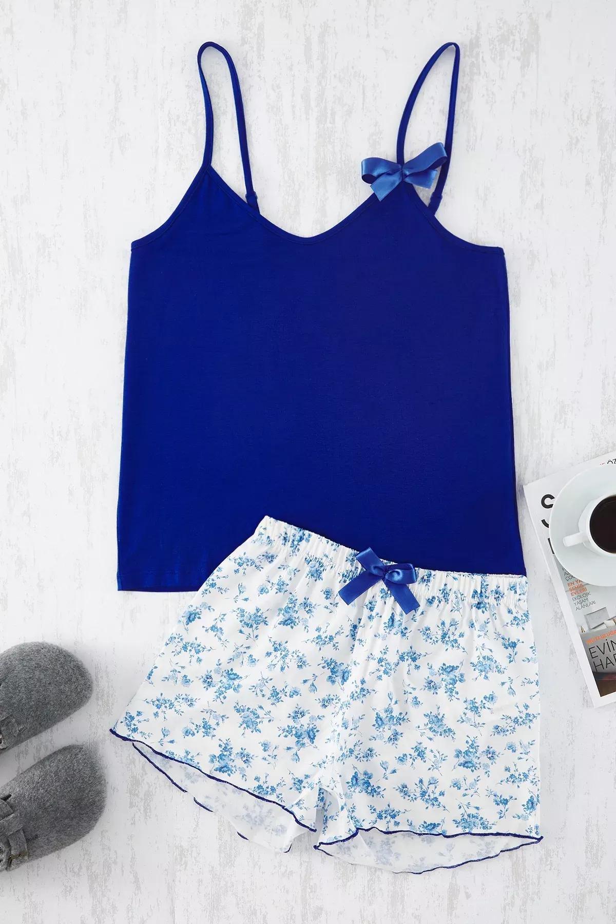 Blue Floral Ribbon Knitted Pajama Set, , large image number 0