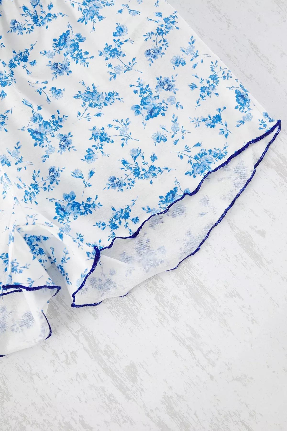 Blue Floral Ribbon Knitted Pajama Set, , large image number 1