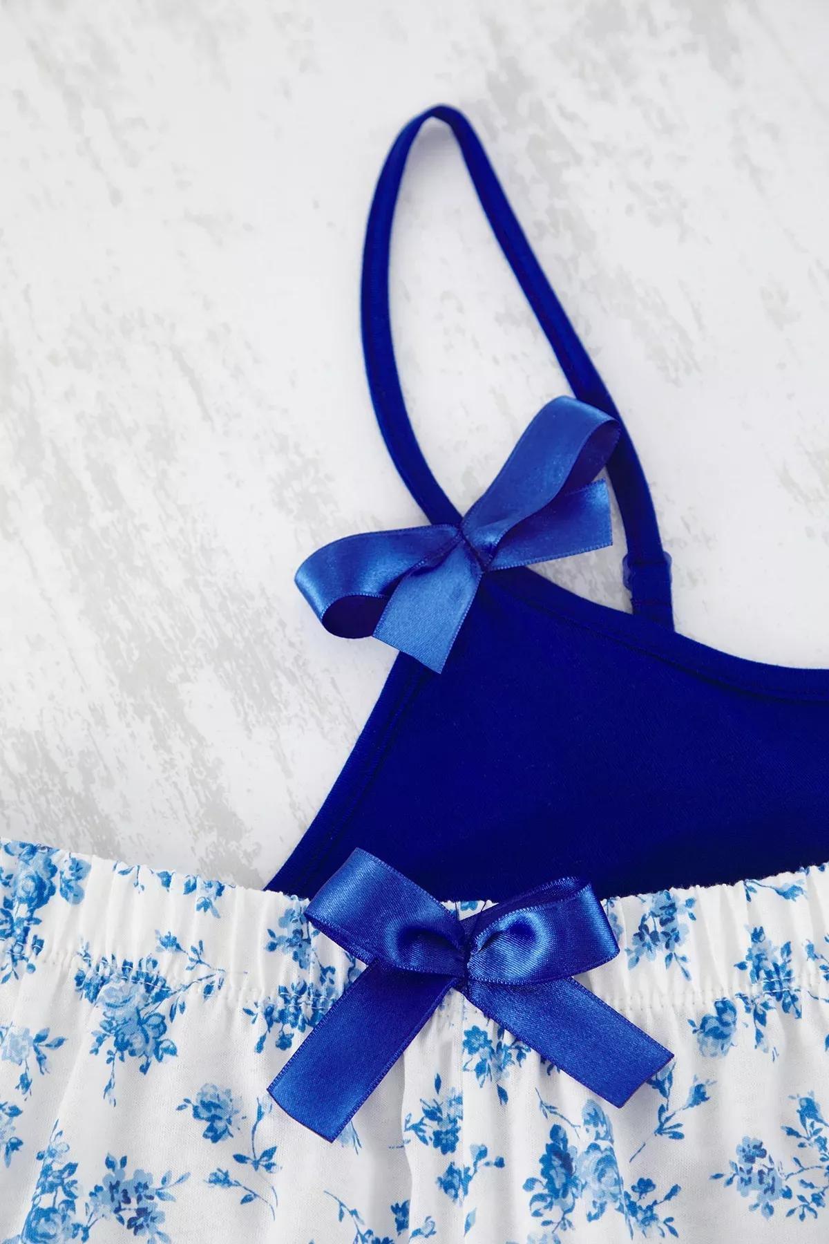 Blue Floral Ribbon Knitted Pajama Set, , large image number 2