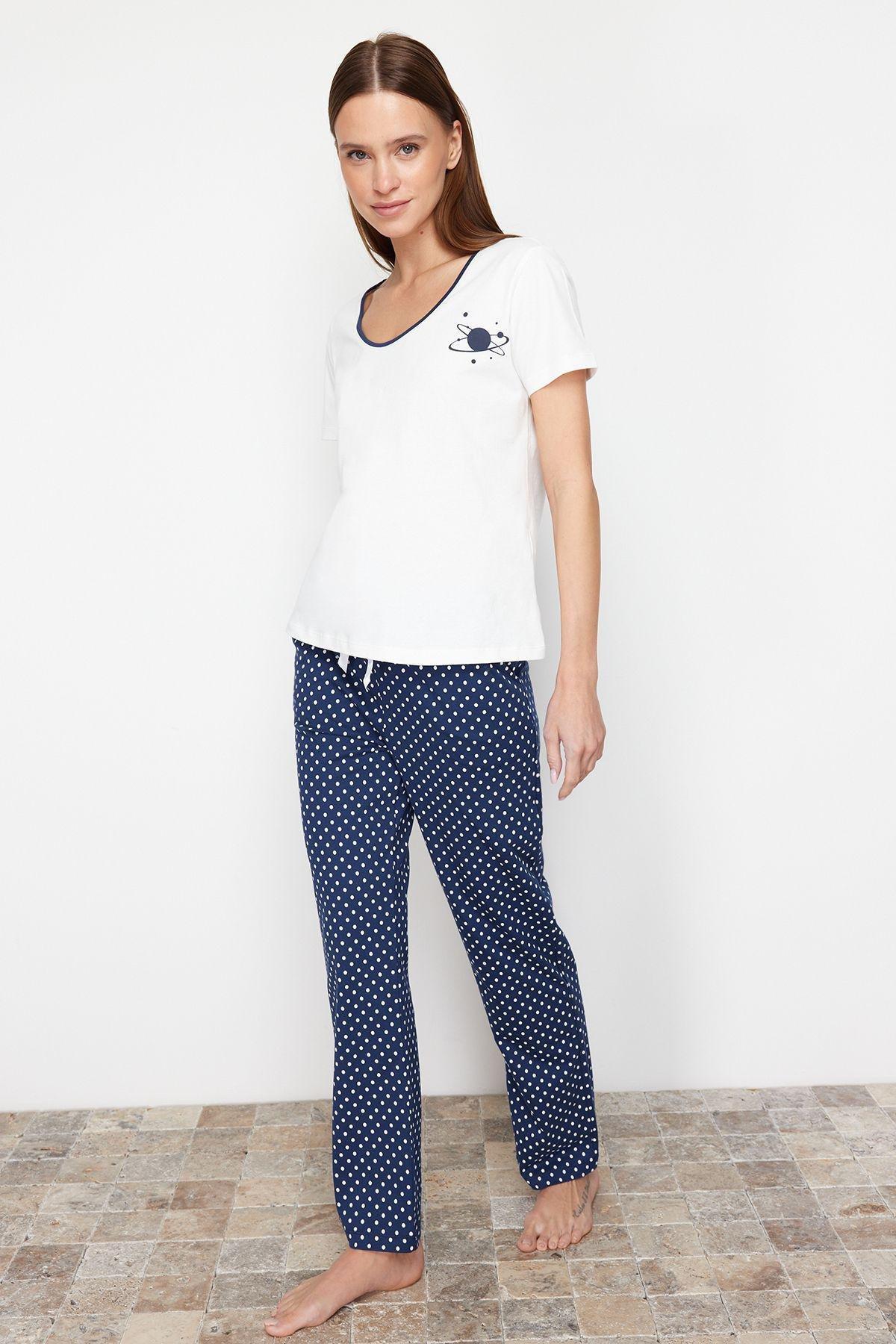 Multicolour Cotton Polka Dot Knitted Pyjamas Set, , large image number 2