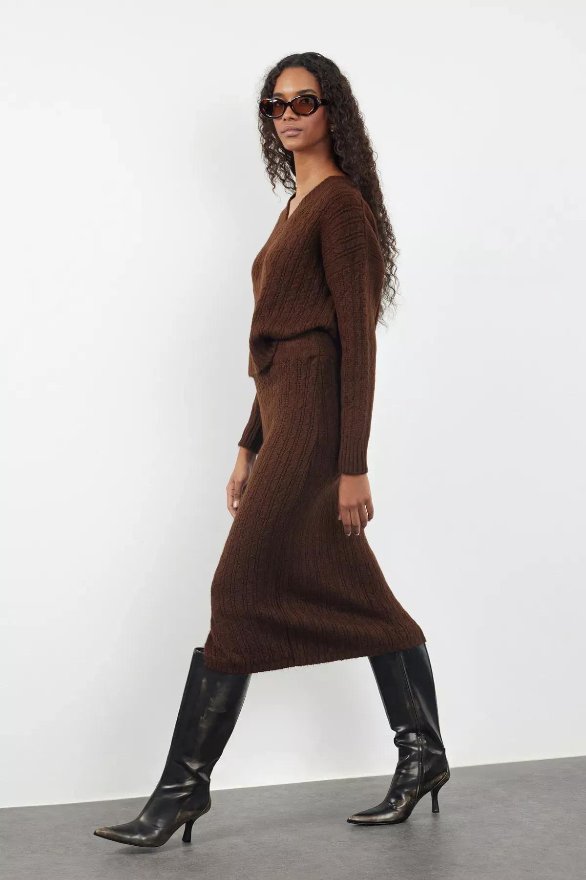 Brown Wool Knitted Knitwear Top-Top Set, Brown, large image number 1