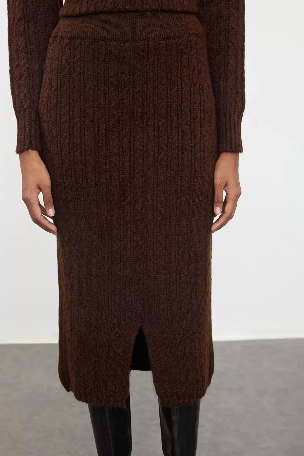 Brown Wool Knitted Knitwear Top-Top Set, Brown, large image number 3