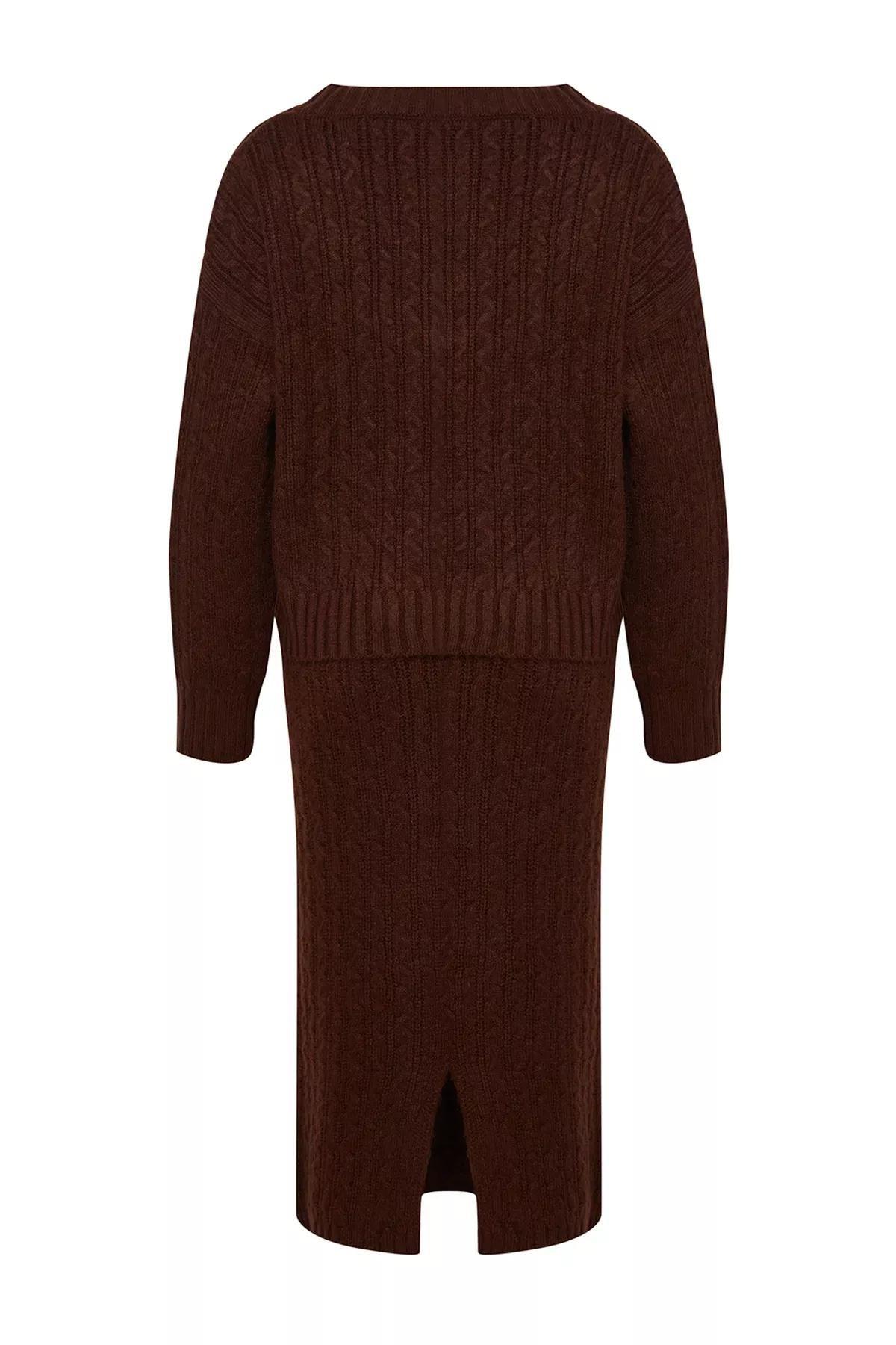 Brown Wool Knitted Knitwear Top-Top Set, Brown, large image number 5