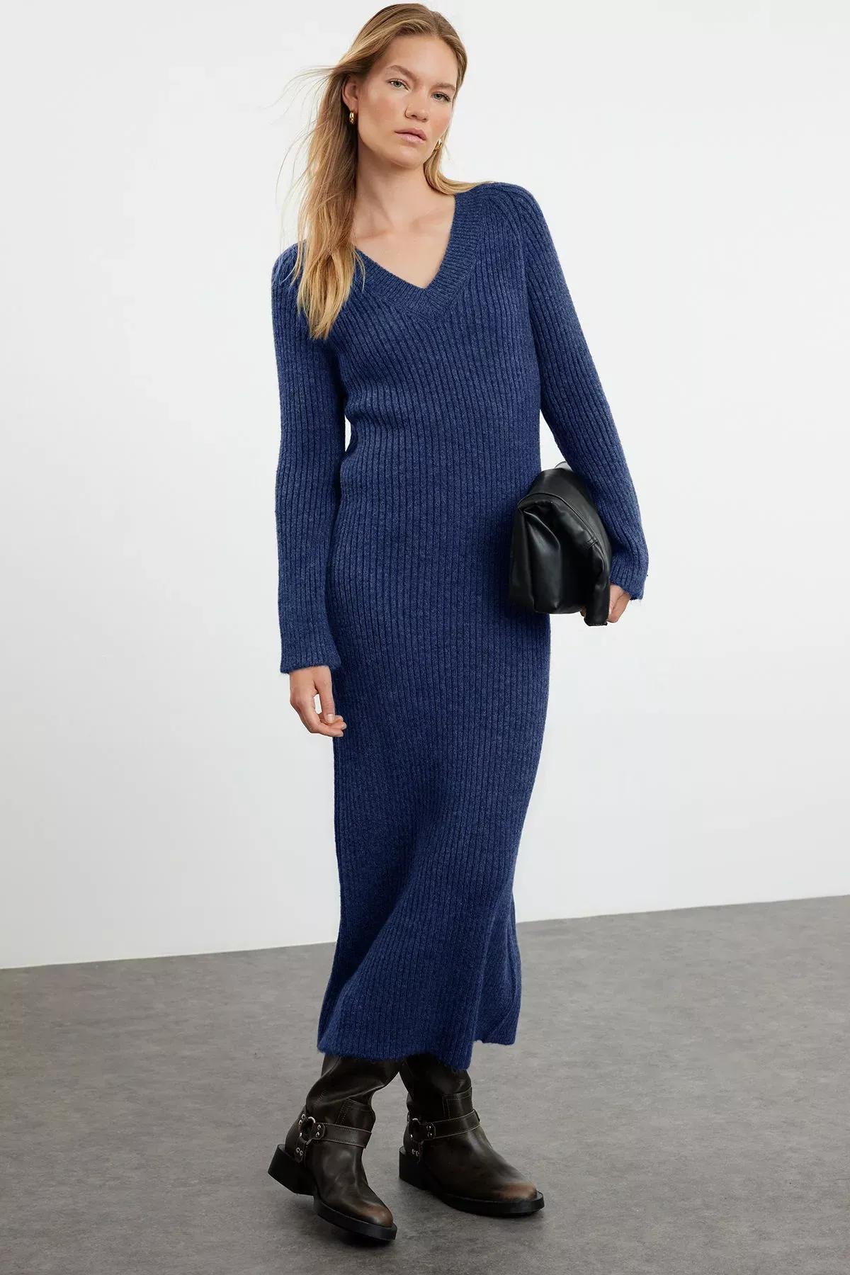 Navy Maxi Knit Wool Basic Dress, Navy blue, large image number 0