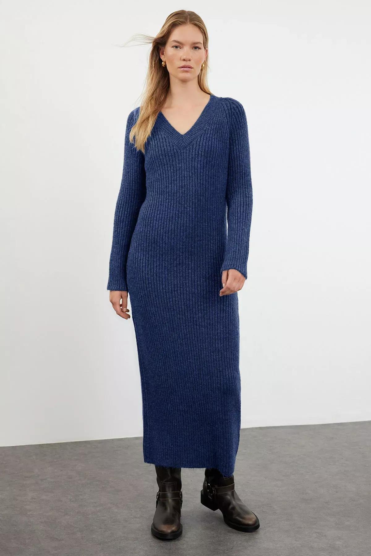 Navy Maxi Knit Wool Basic Dress, Navy blue, large image number 1