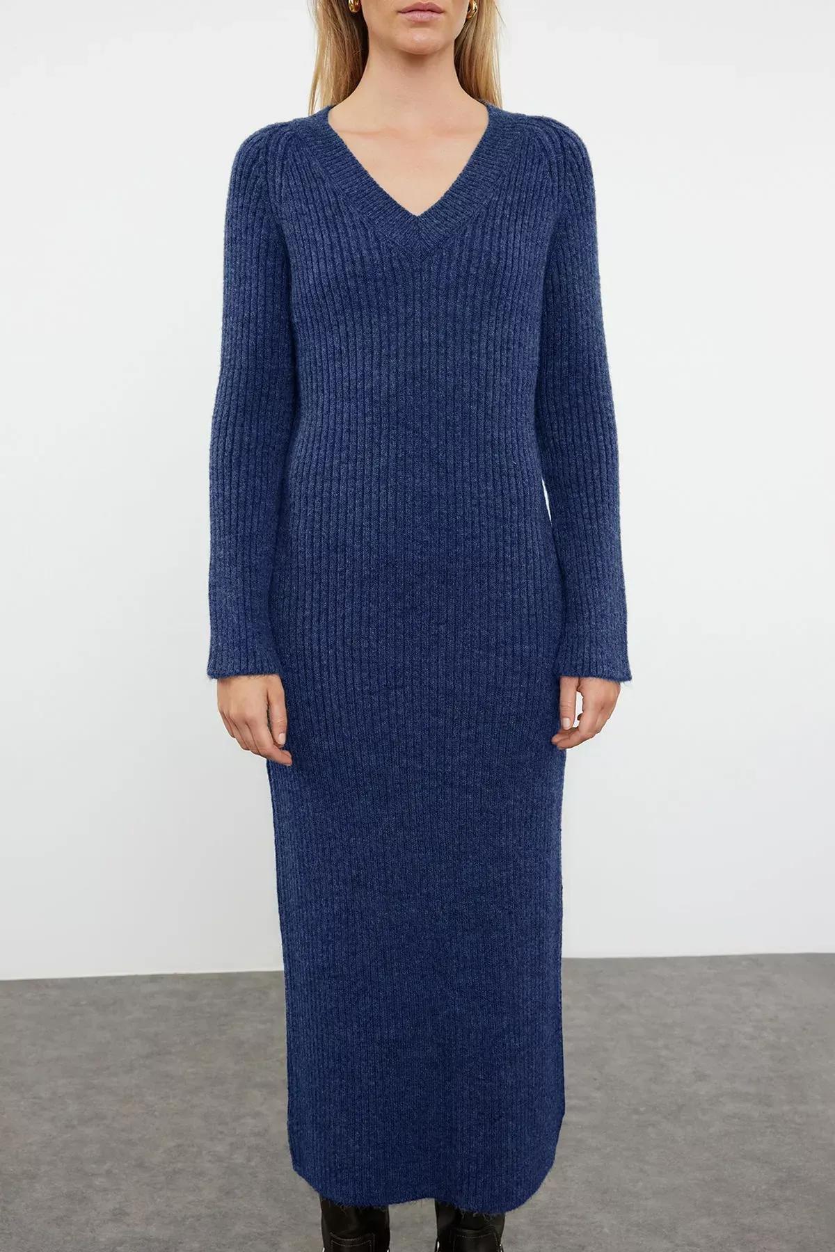 Navy Maxi Knit Wool Basic Dress, Navy blue, large image number 2