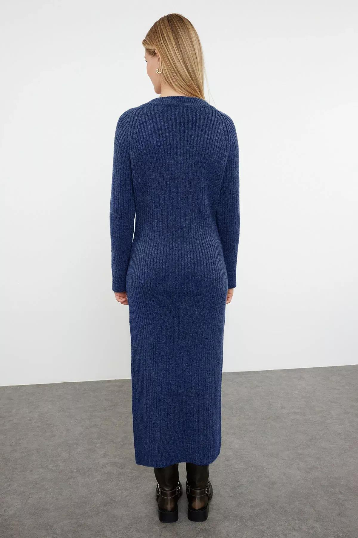 Navy Maxi Knit Wool Basic Dress, Navy blue, large image number 4