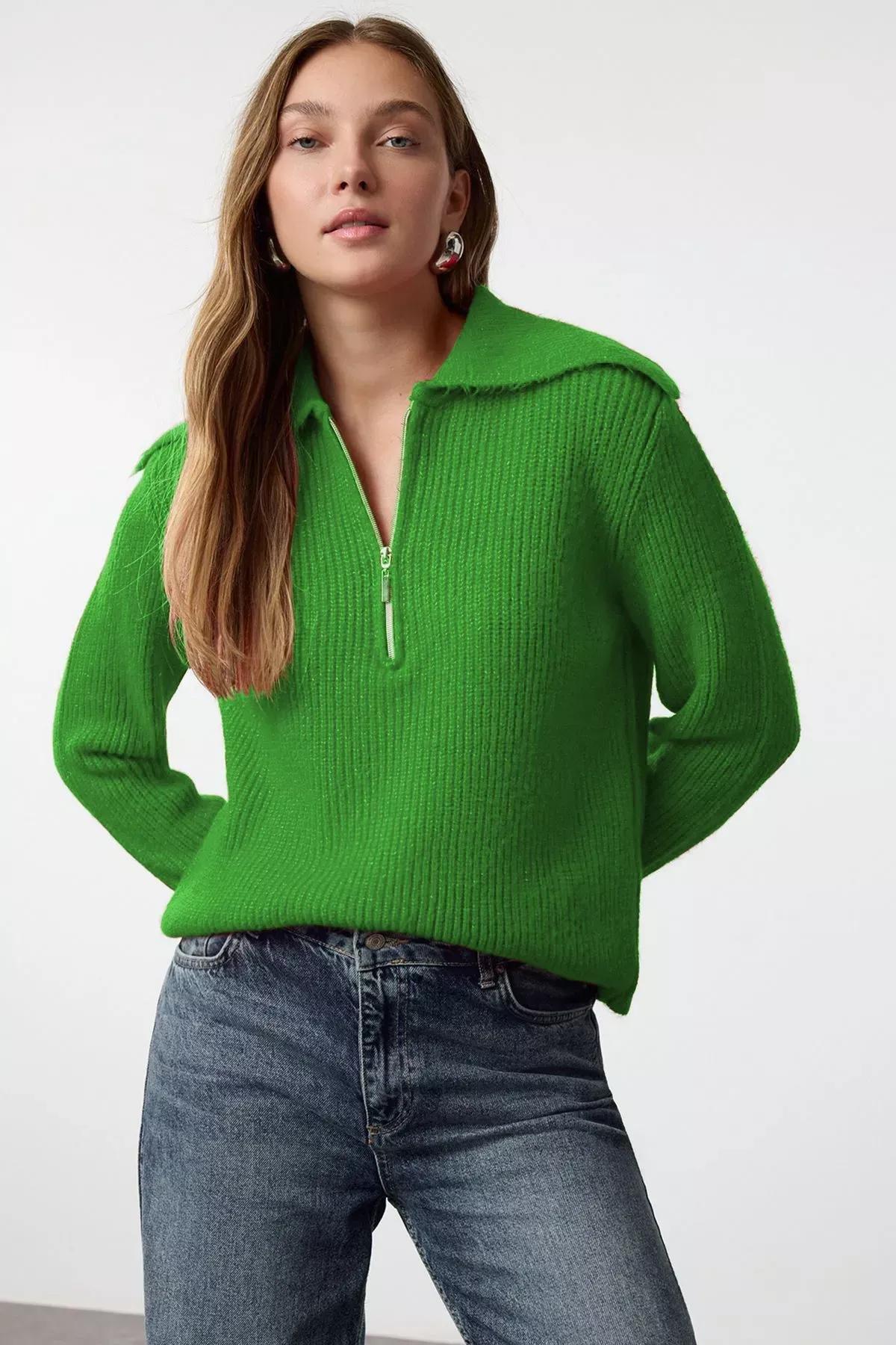 Green Patterned Collared Zippered Knitted Sweater, Green, large image number 0