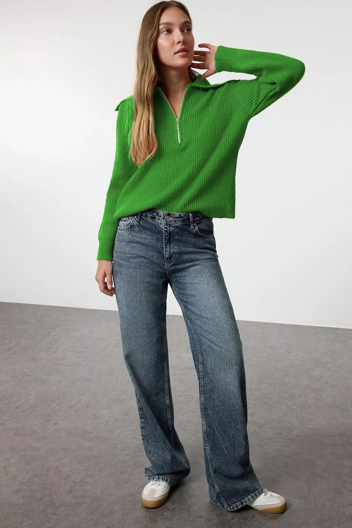 Green Patterned Collared Zippered Knitted Sweater, Green, large image number 1