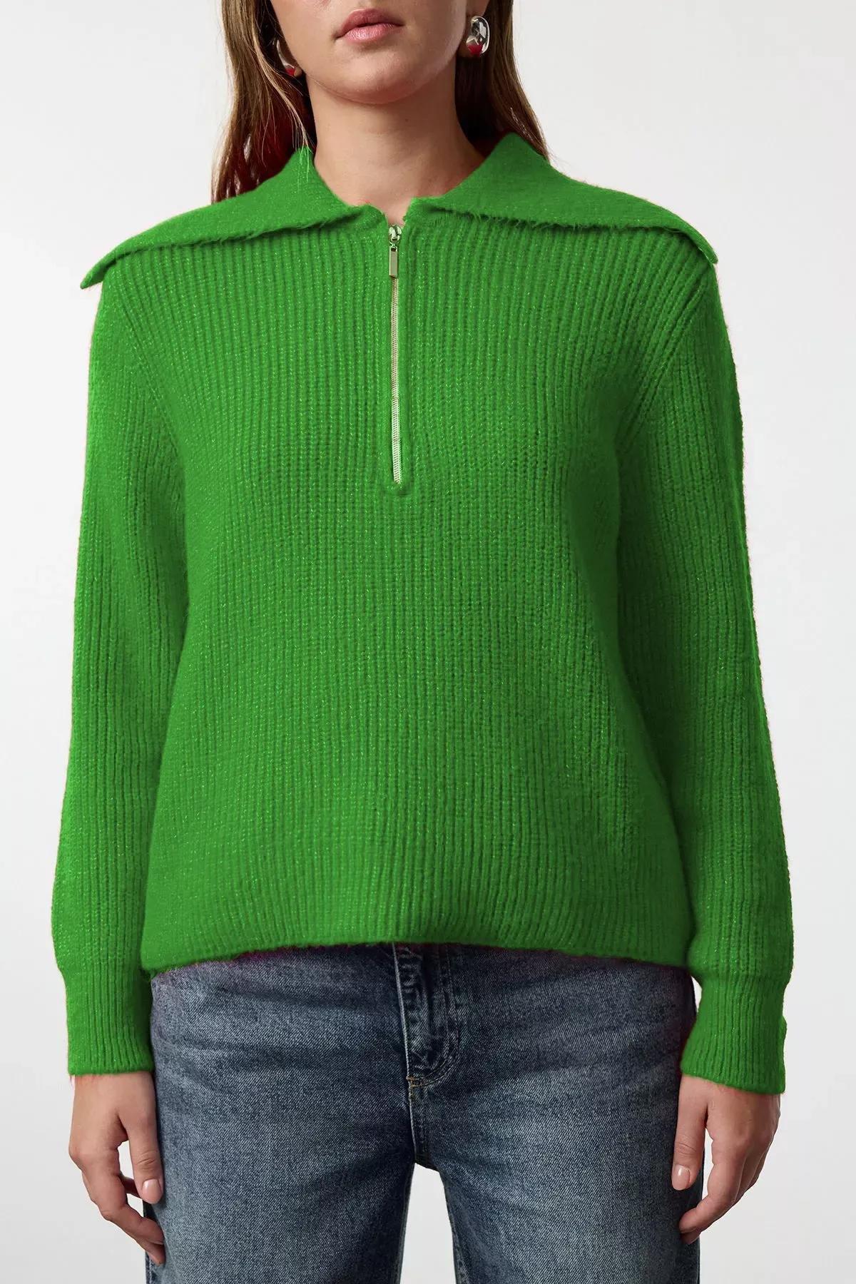 Green Patterned Collared Zippered Knitted Sweater, Green, large image number 2