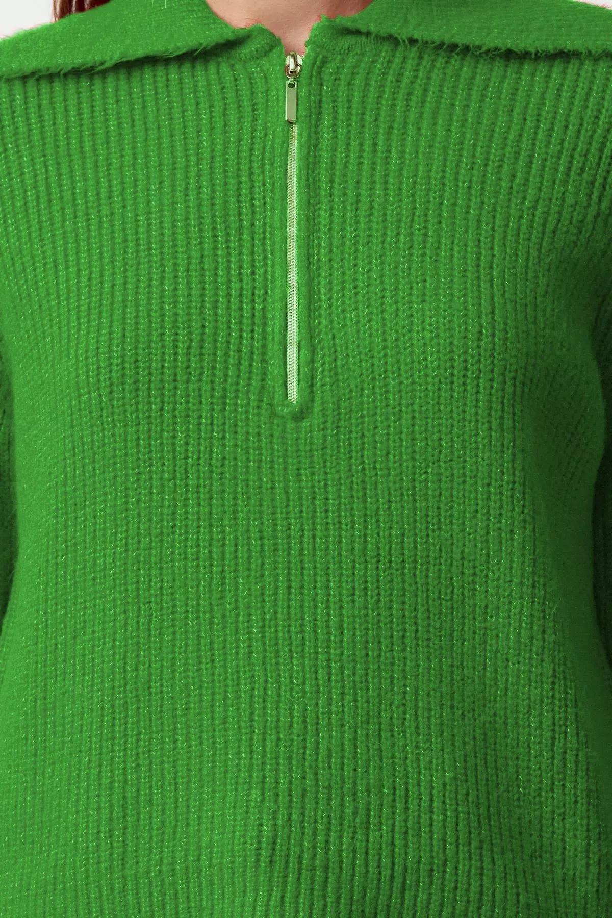 Green Patterned Collared Zippered Knitted Sweater, Green, large image number 3