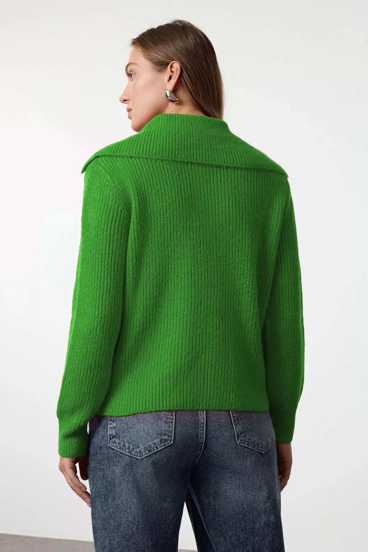 Green Patterned Collared Zippered Knitted Sweater, Green, large image number 4