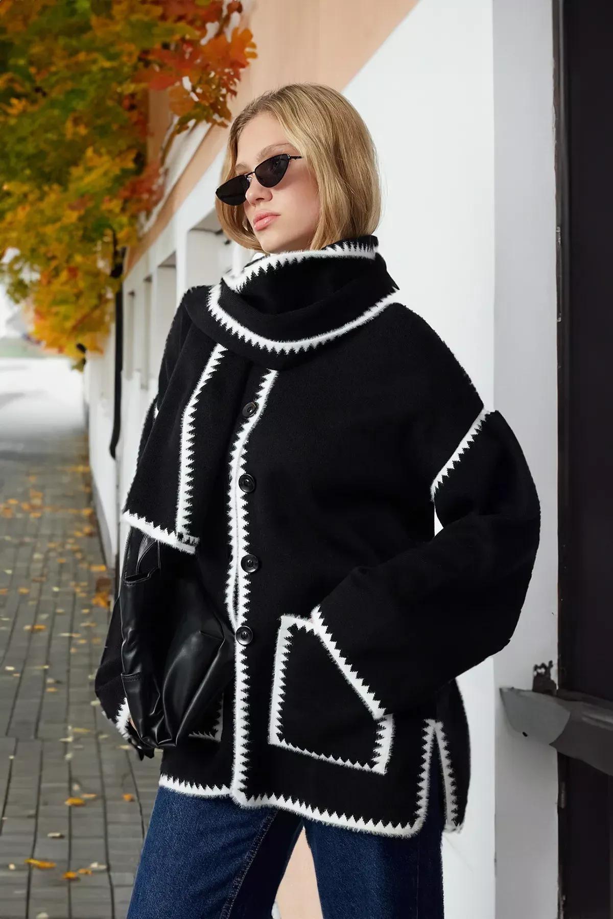 Black Textured Scarf Beard Cardigan, BLACK, medium