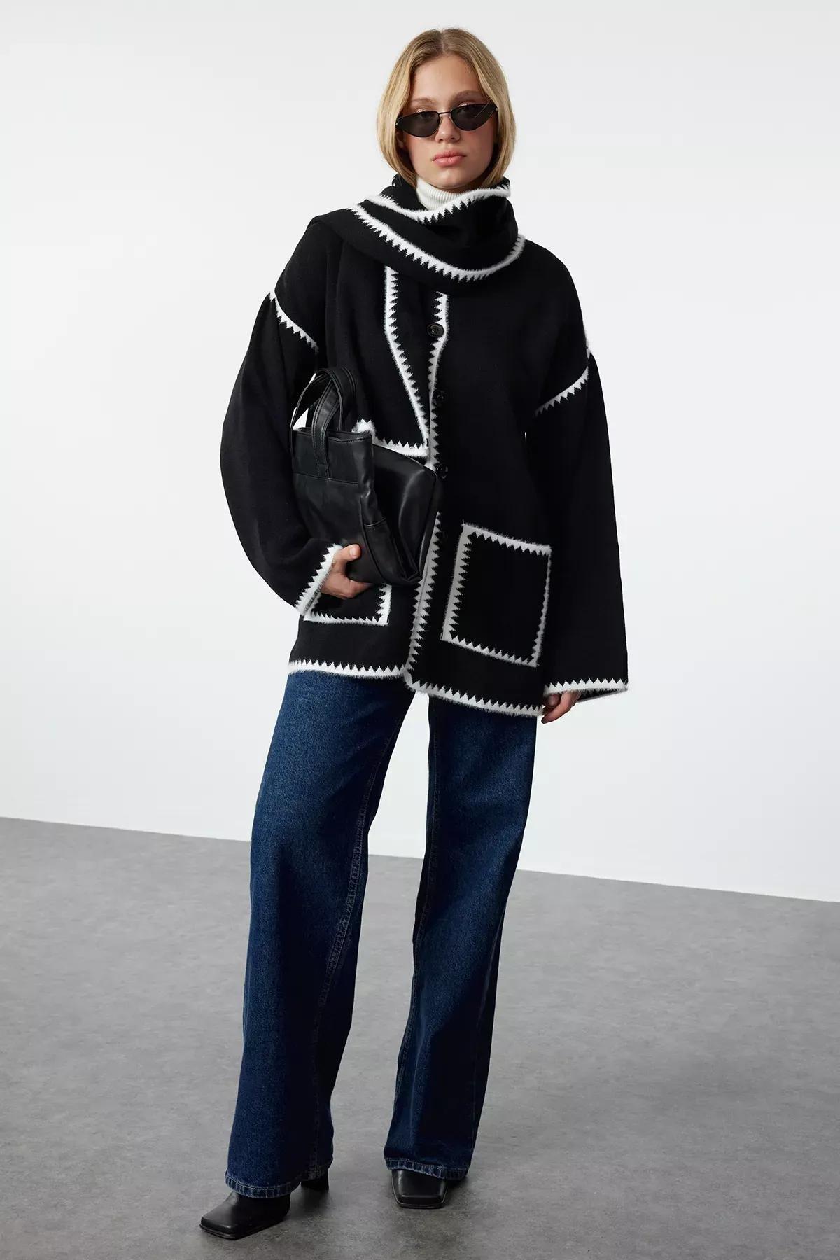 Black Textured Scarf Beard Cardigan, BLACK, medium