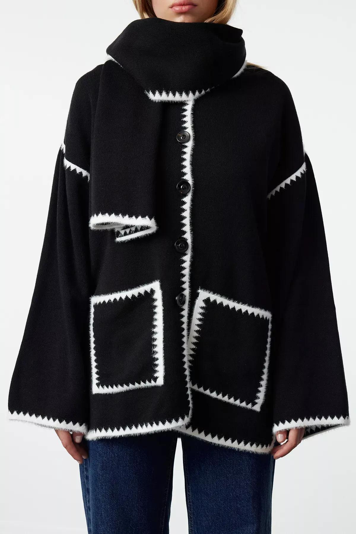 Black Textured Scarf Beard Cardigan, BLACK, large image number 3