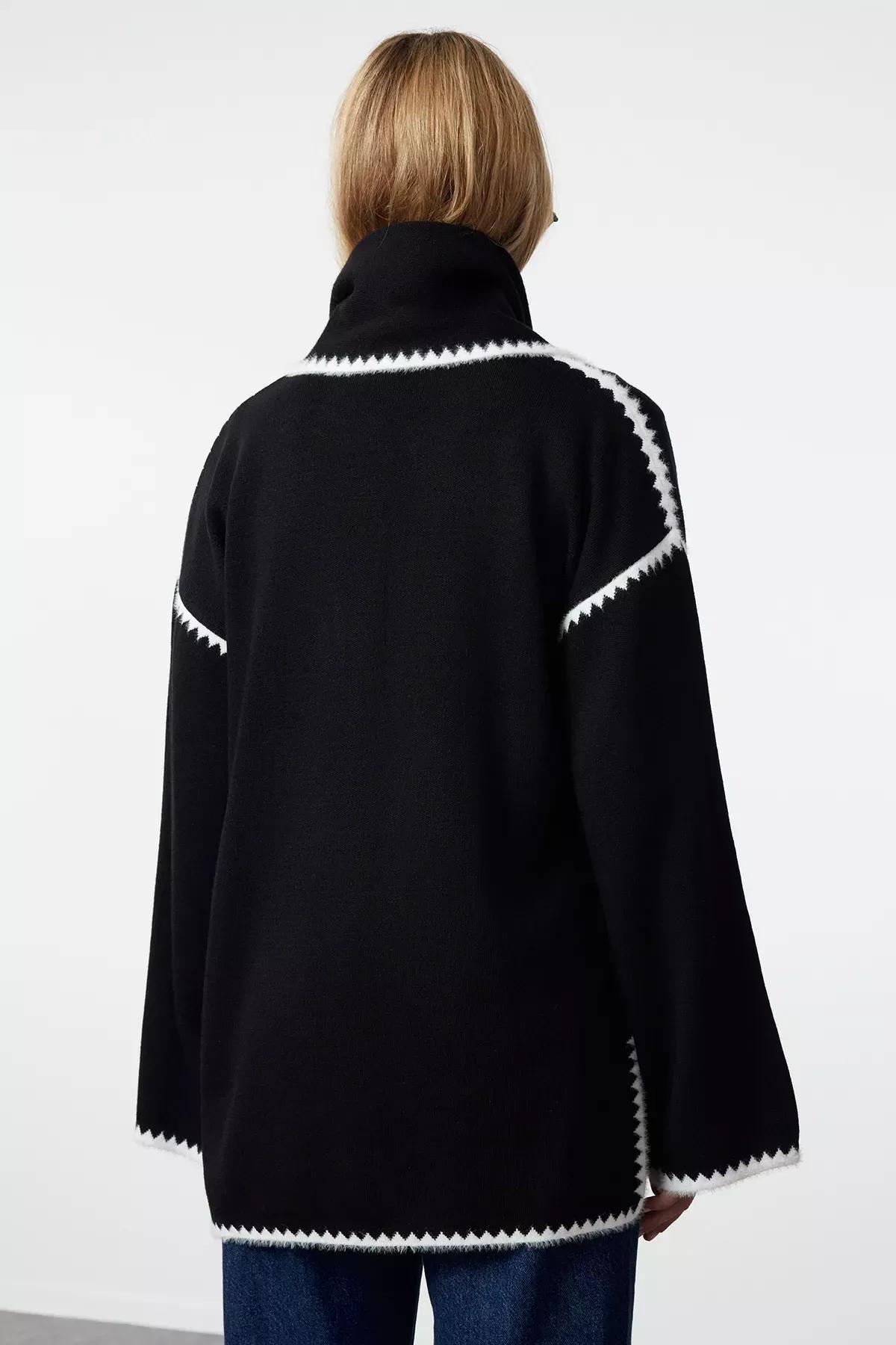 Black Textured Scarf Beard Cardigan, BLACK, large image number 4