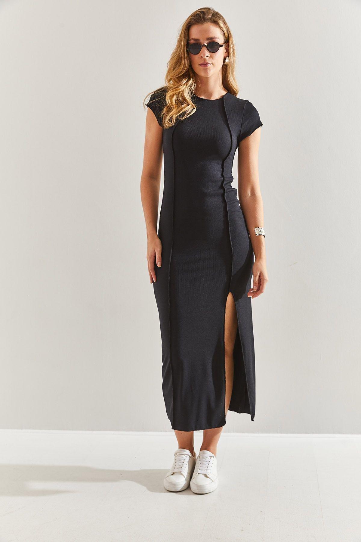 Black Ribbed Bodycon Midi Dress, , large image number 3
