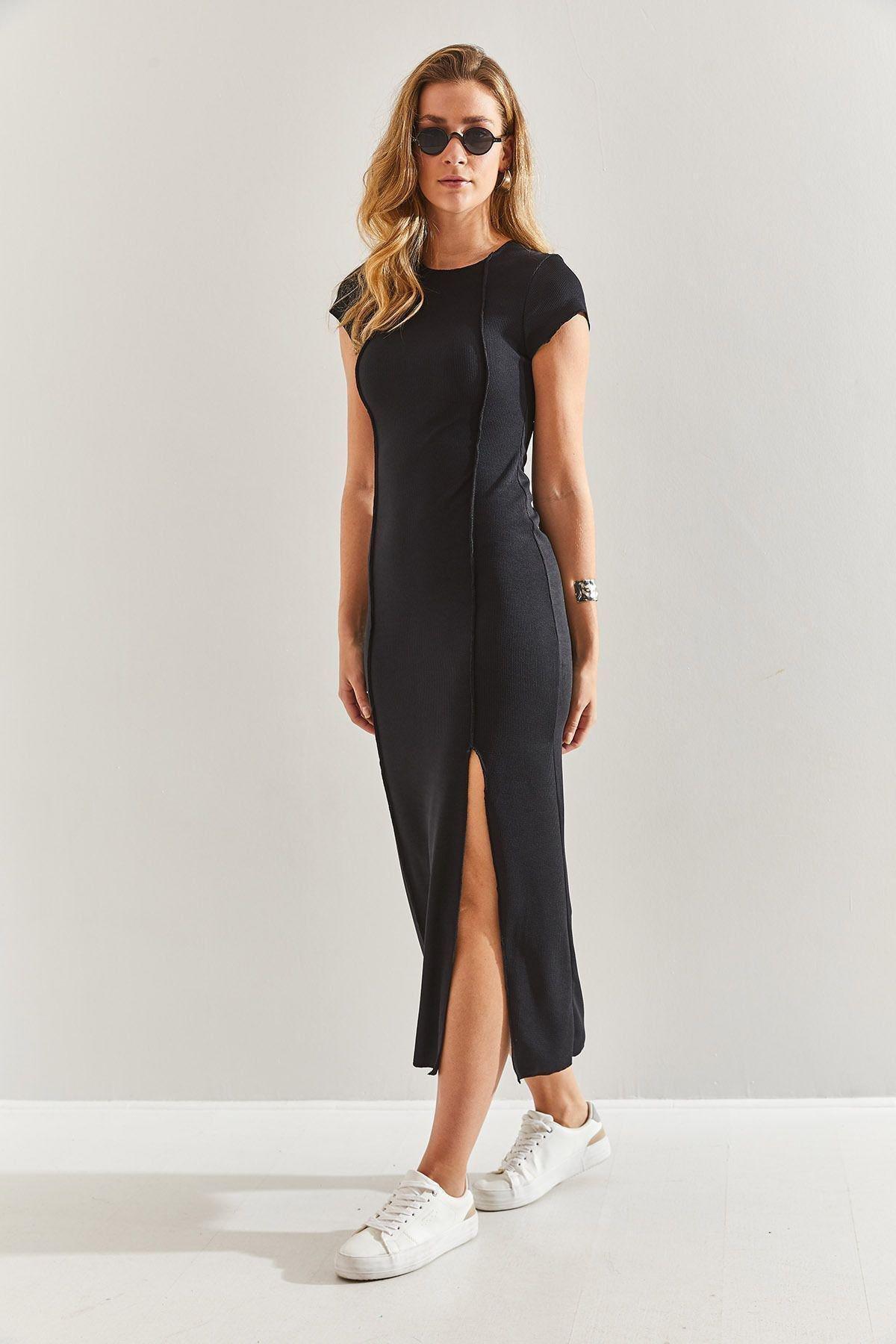 Black Ribbed Bodycon Midi Dress, , large image number 4