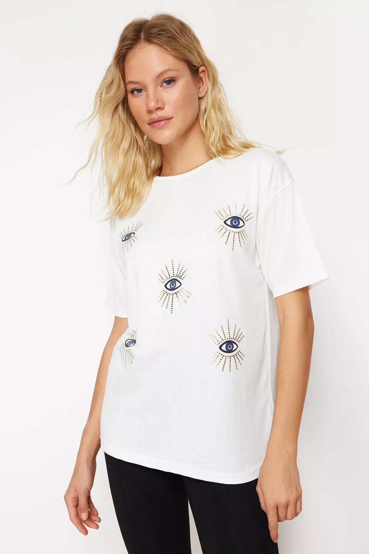 White Printed Knitted T-Shirt, C101_5696, large image number 0