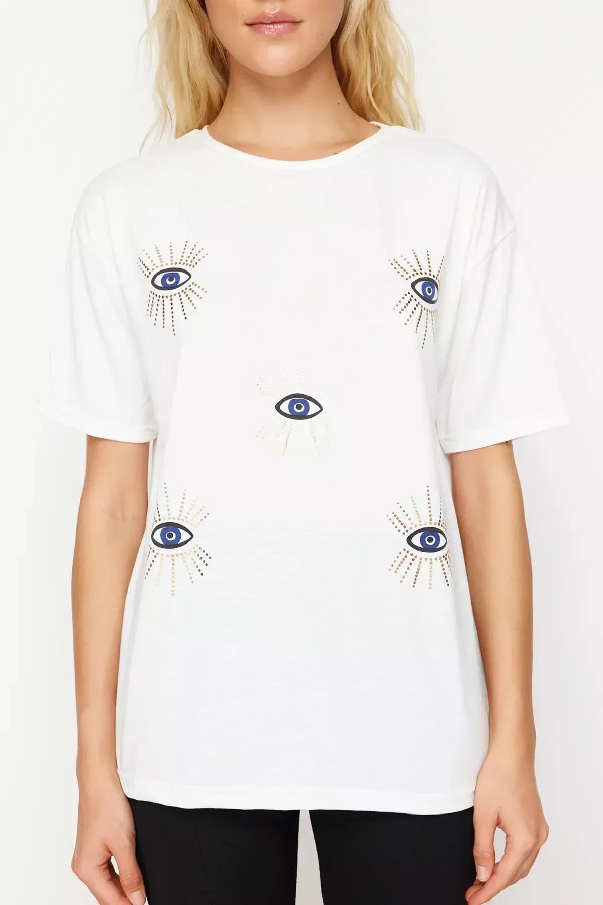 White Printed Knitted T-Shirt, C101_5696, large image number 3