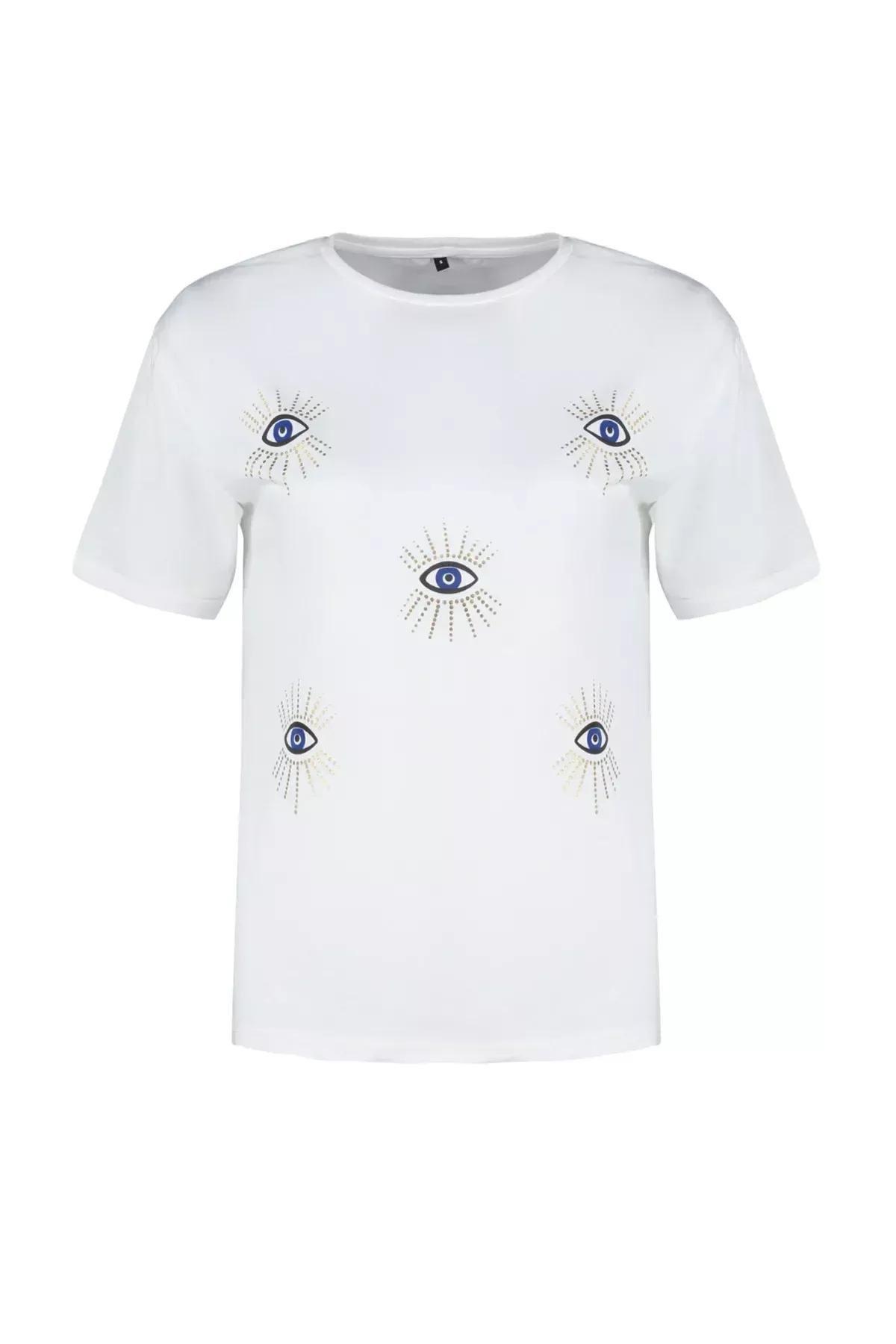 White Printed Knitted T-Shirt, C101_5696, large image number 5