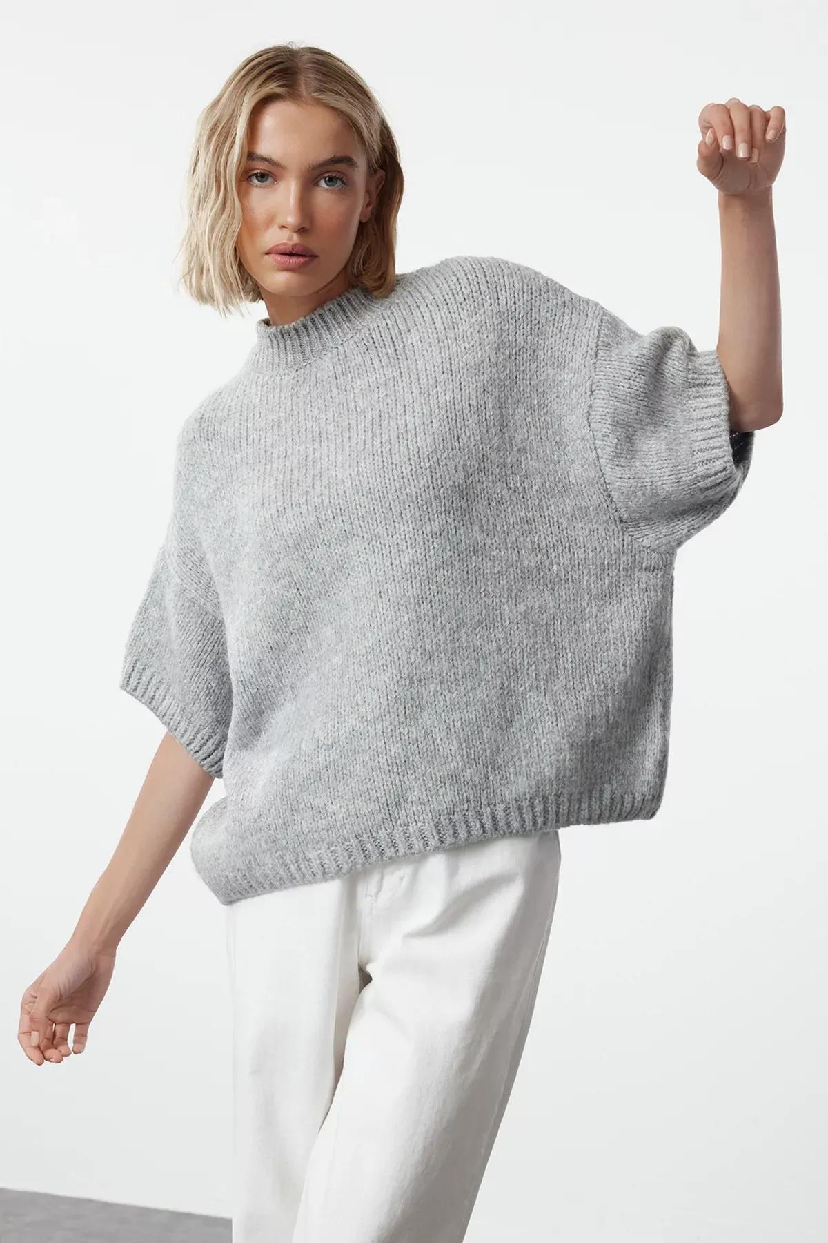 Grey Soft Patterned Knit Sweater, Grey, large image number 0