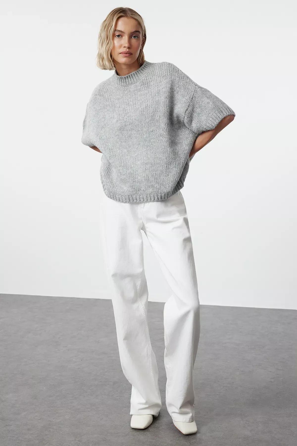 Grey Soft Patterned Knit Sweater, Grey, large image number 1