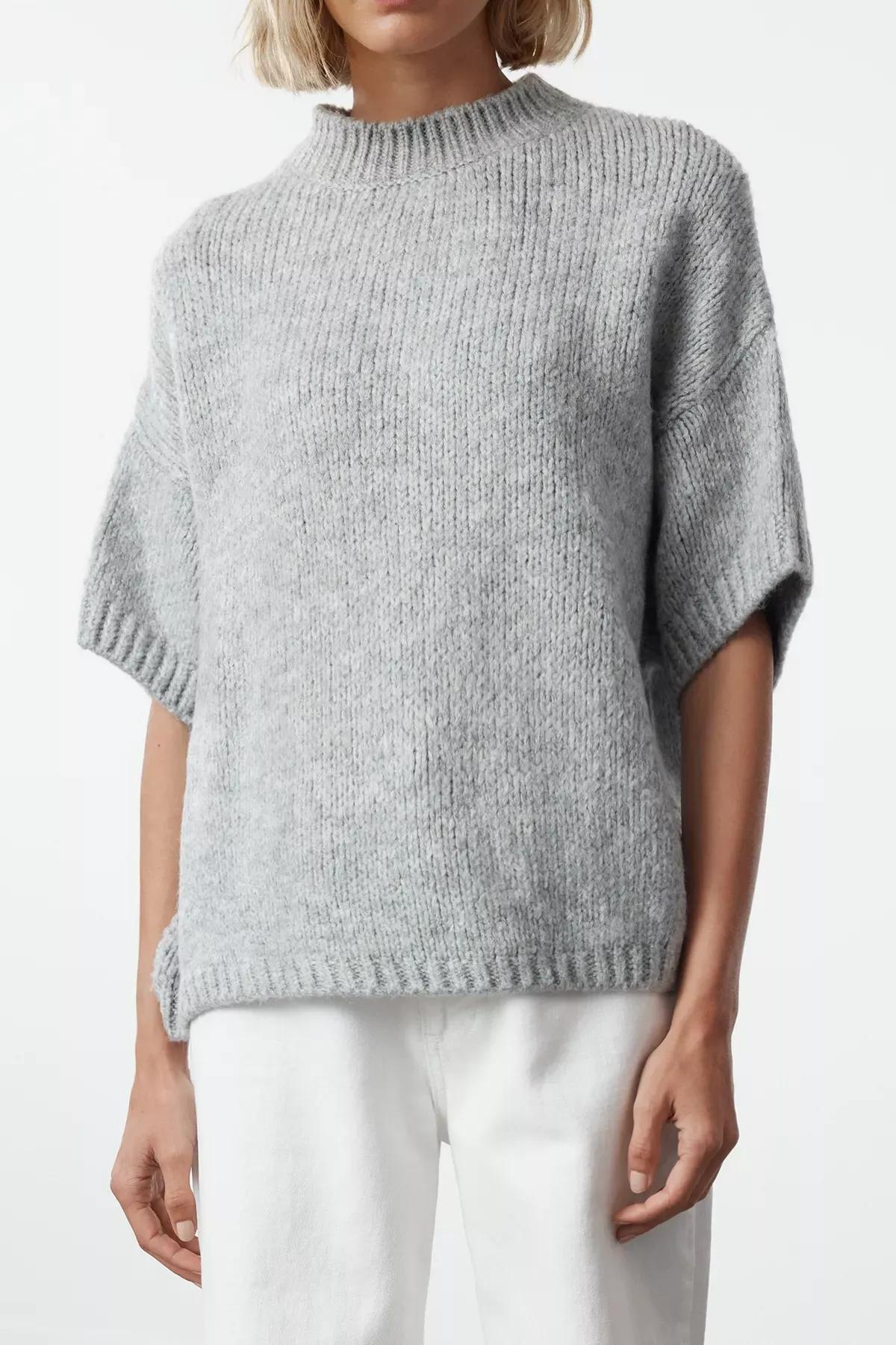 Grey Soft Patterned Knit Sweater, Grey, large image number 3