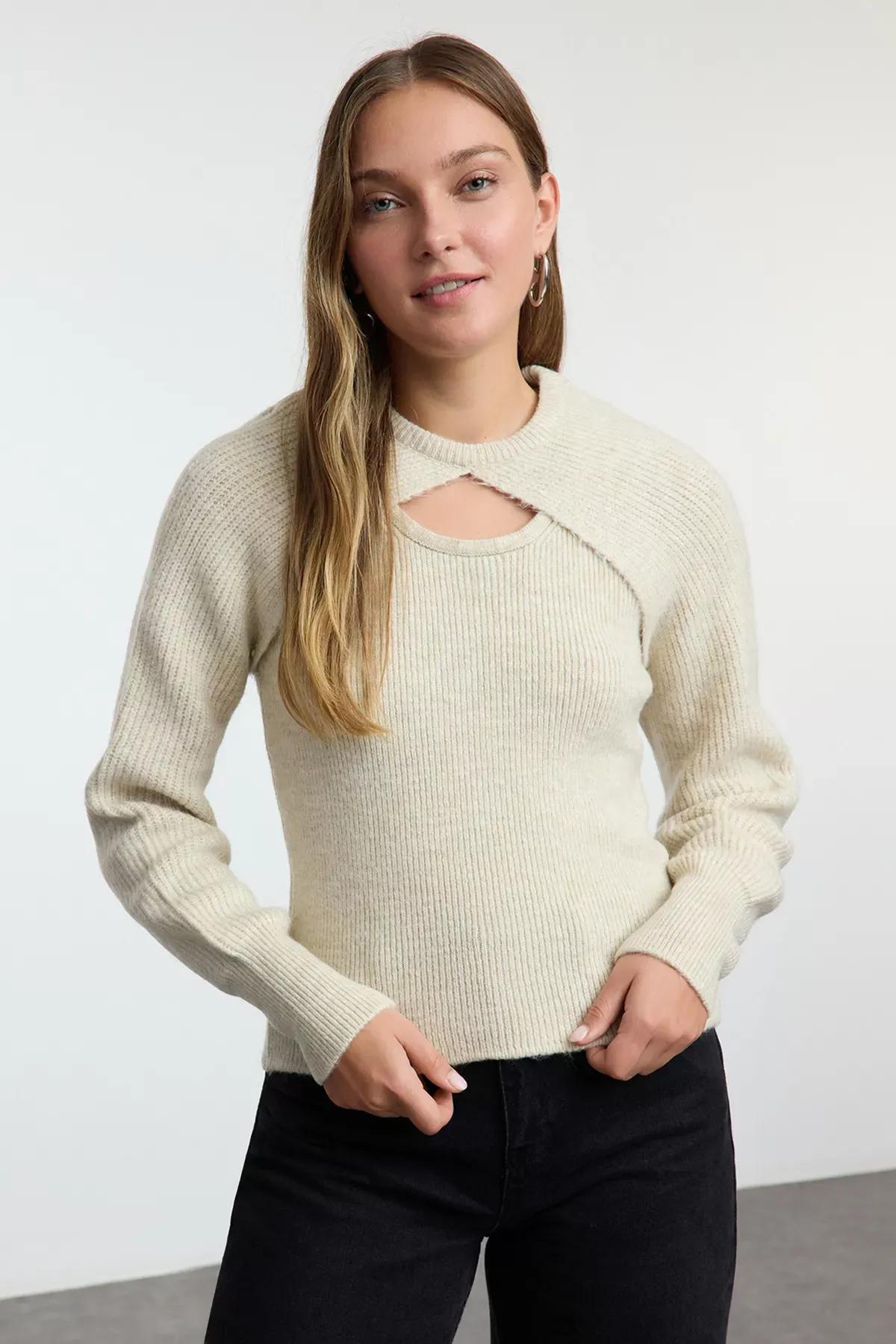 Beige Textured Bolero Knitted Sweater, STONE, large image number 0