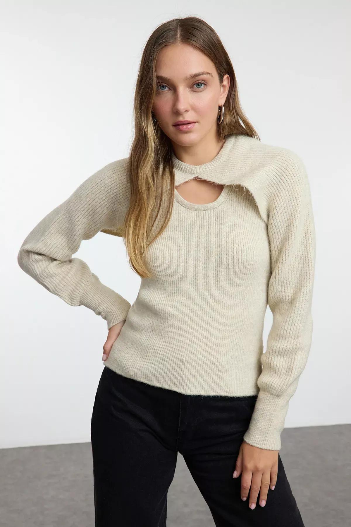 Beige Textured Bolero Knitted Sweater, STONE, large image number 1