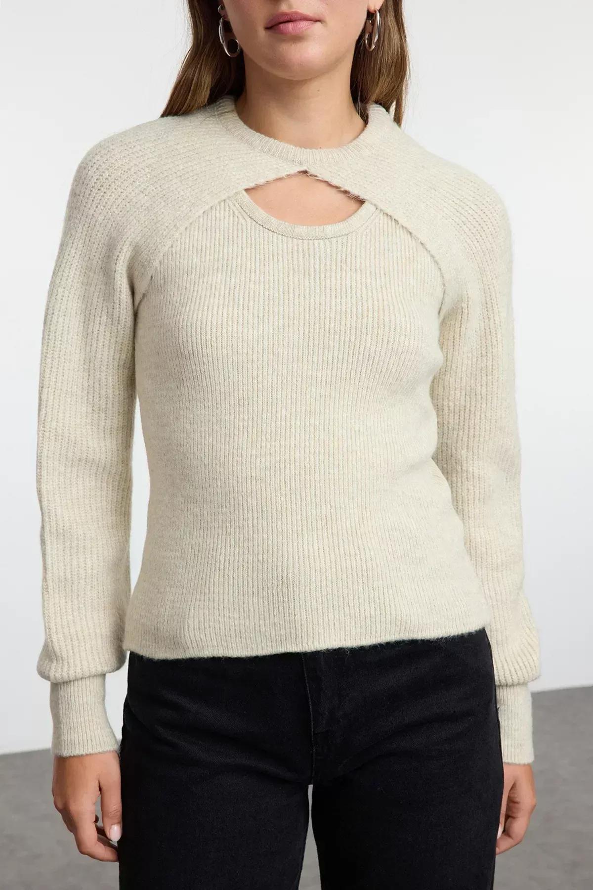 Beige Textured Bolero Knitted Sweater, STONE, large image number 2