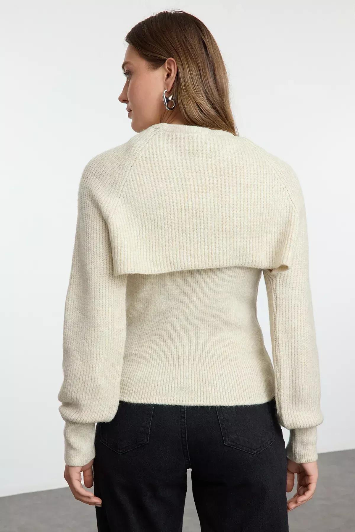 Beige Textured Bolero Knitted Sweater, STONE, large image number 3