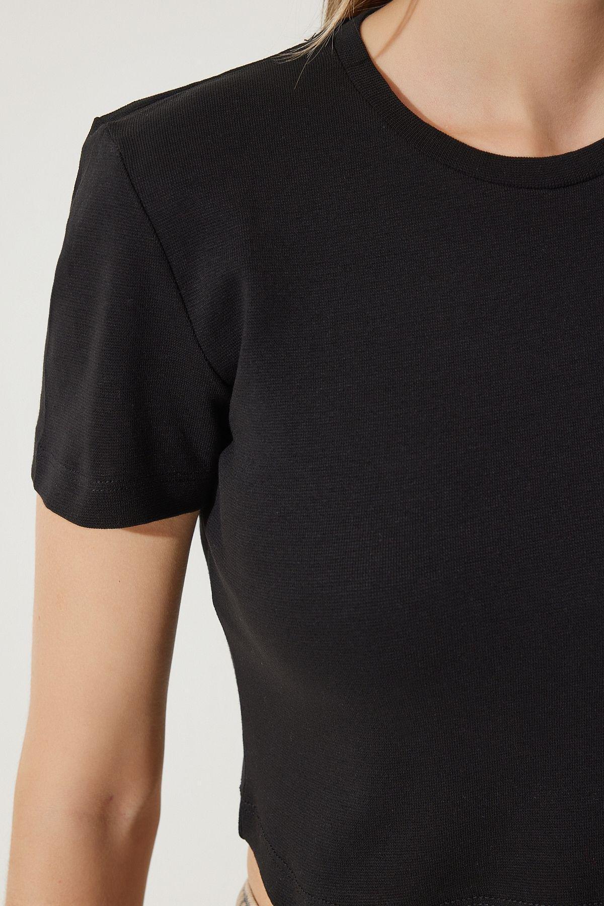 Womens Black Crew Neck Basic Crop Knitted T-Shirt MX00159, single, , large image number 3