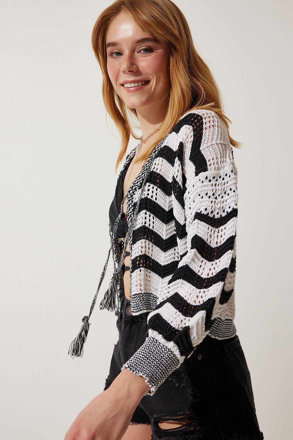 Multicolour Striped Openwork Knitwear Cardigan, Cream Black, large image number 1