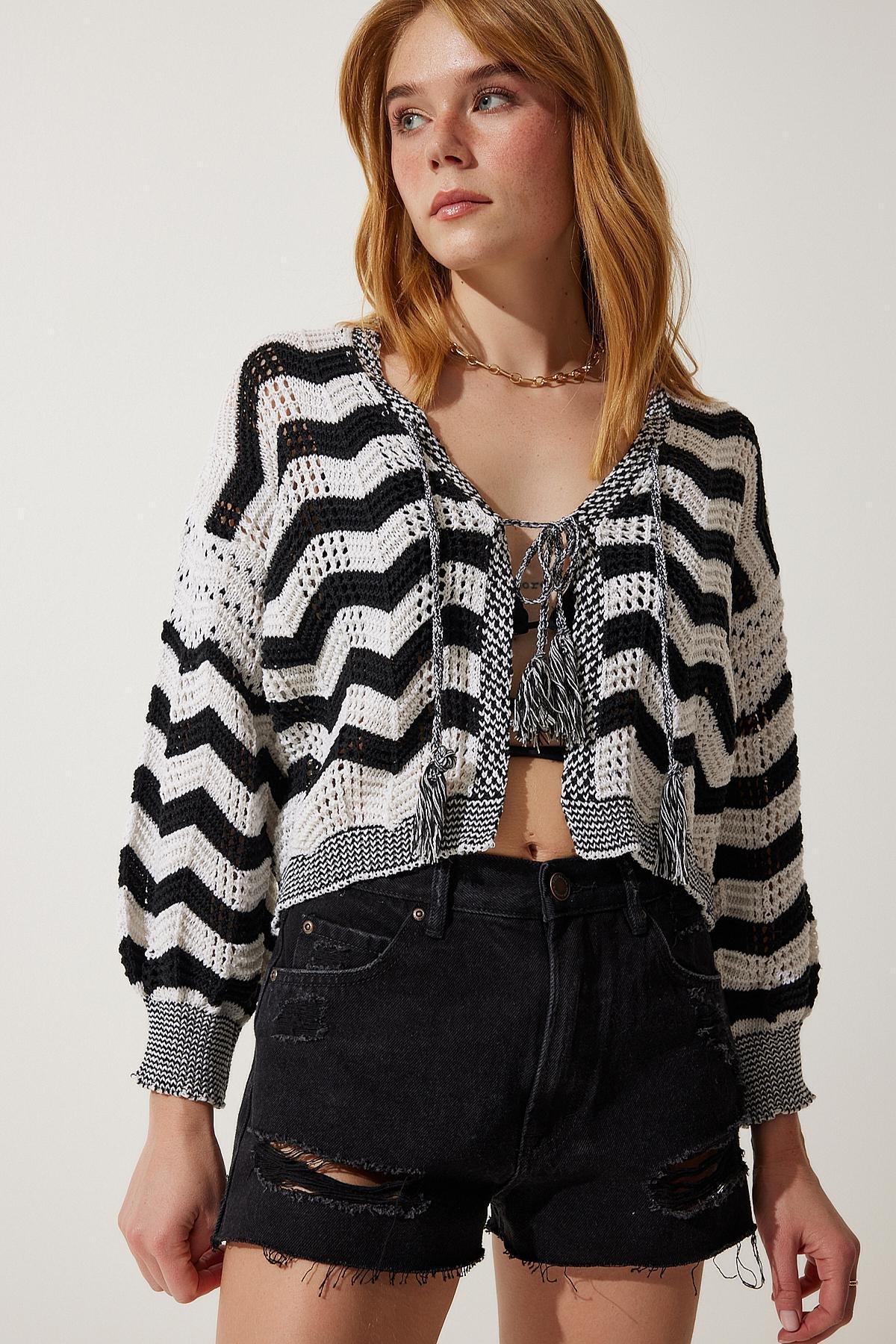 Multicolour Striped Openwork Knitwear Cardigan, Cream Black, large image number 2