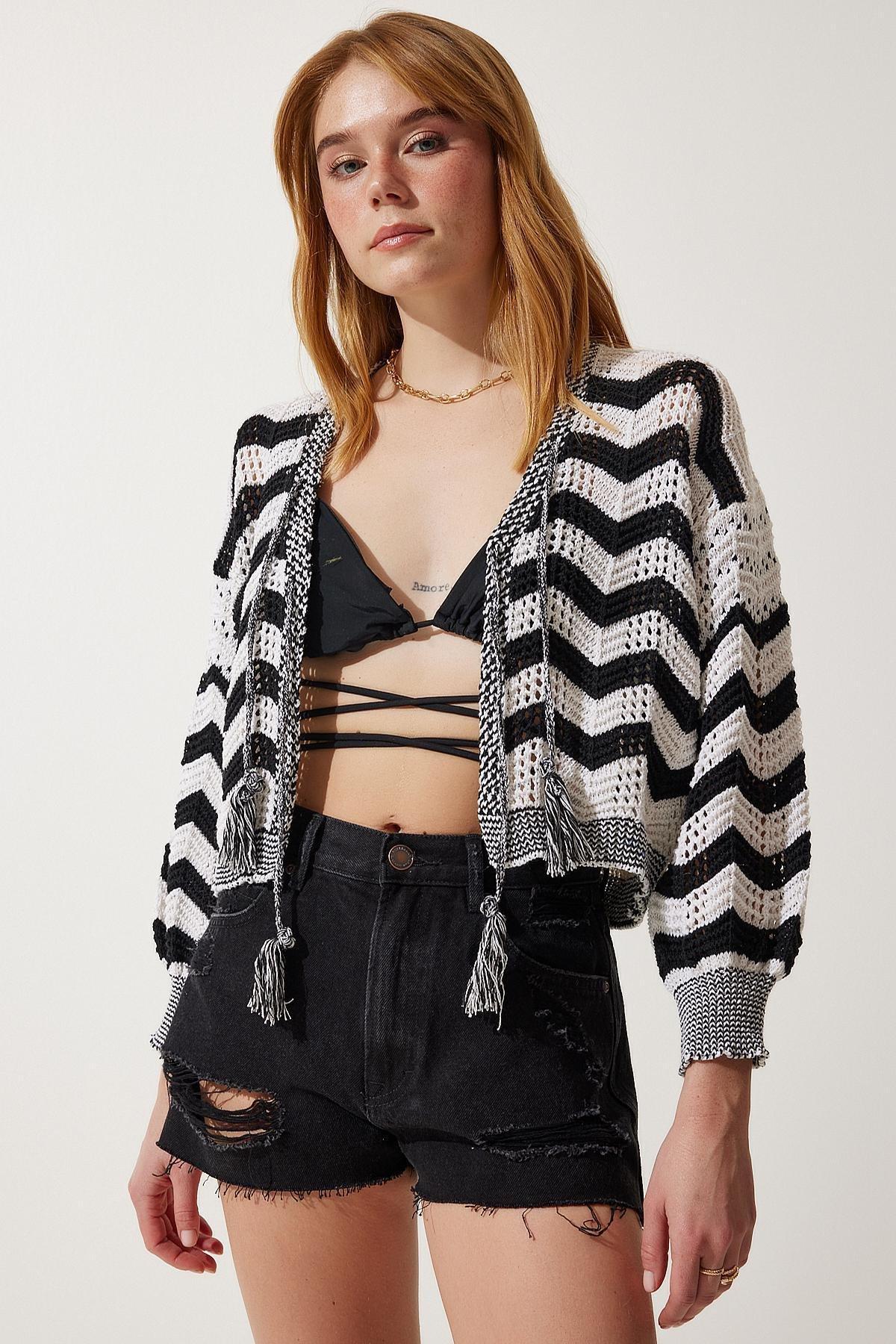 Multicolour Striped Openwork Knitwear Cardigan, Cream Black, large image number 3