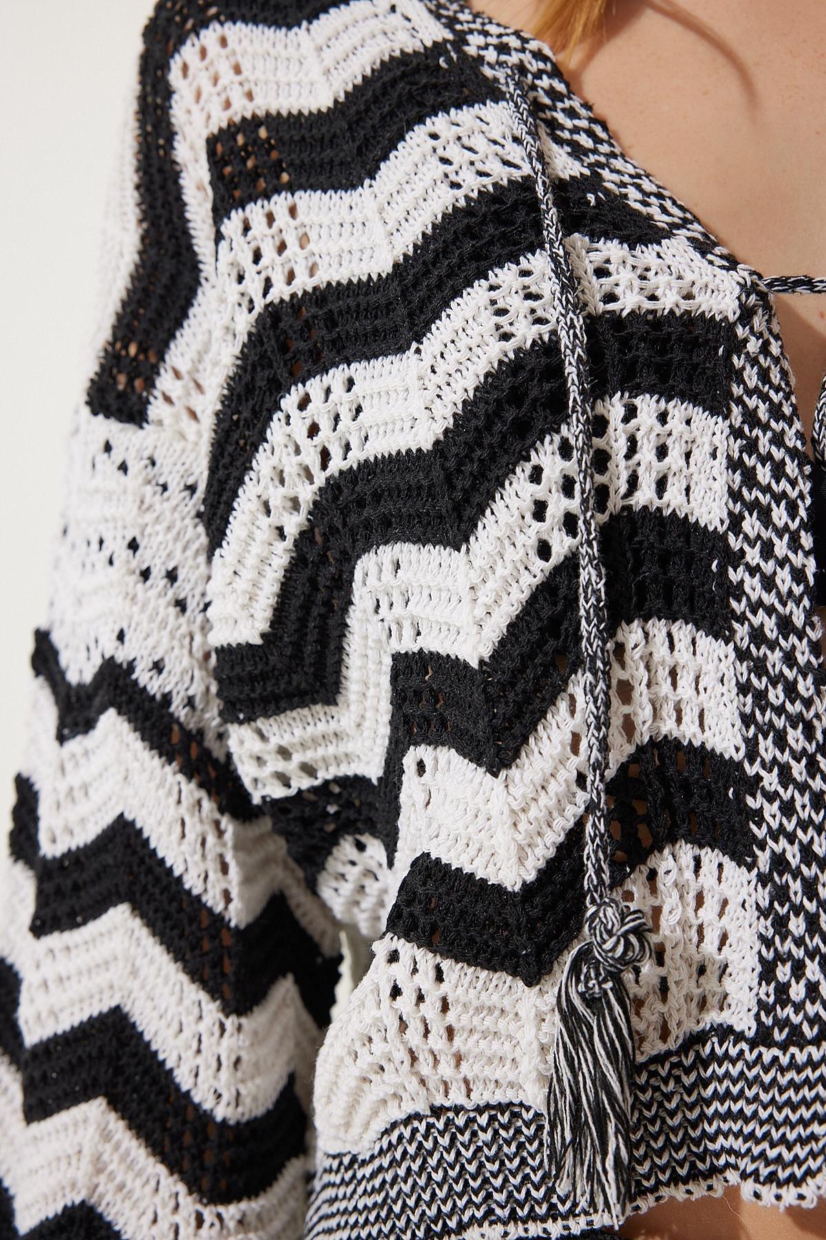 Multicolour Striped Openwork Knitwear Cardigan, Cream Black, large image number 4