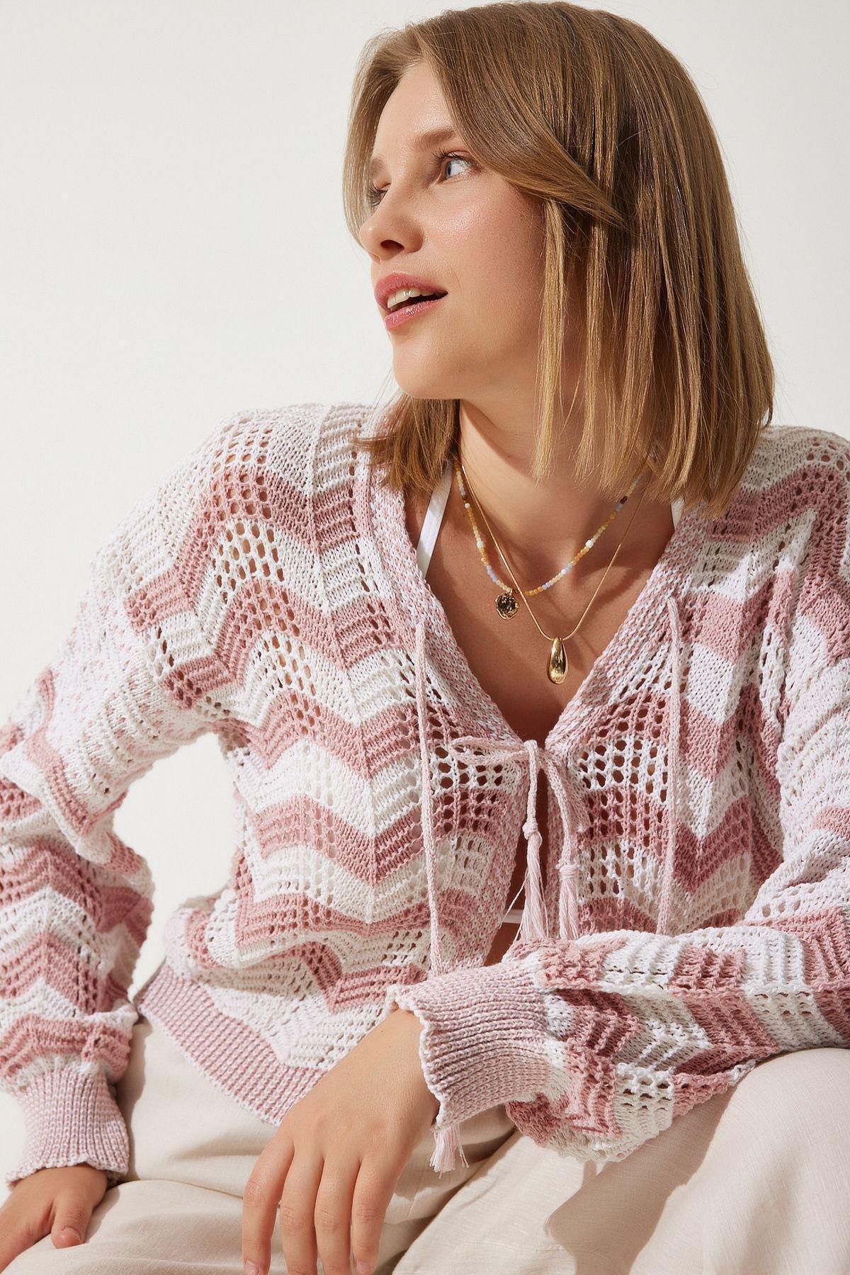 Multicolour Striped Openwork Knitwear Cardigan, Cream Pink, large image number 0