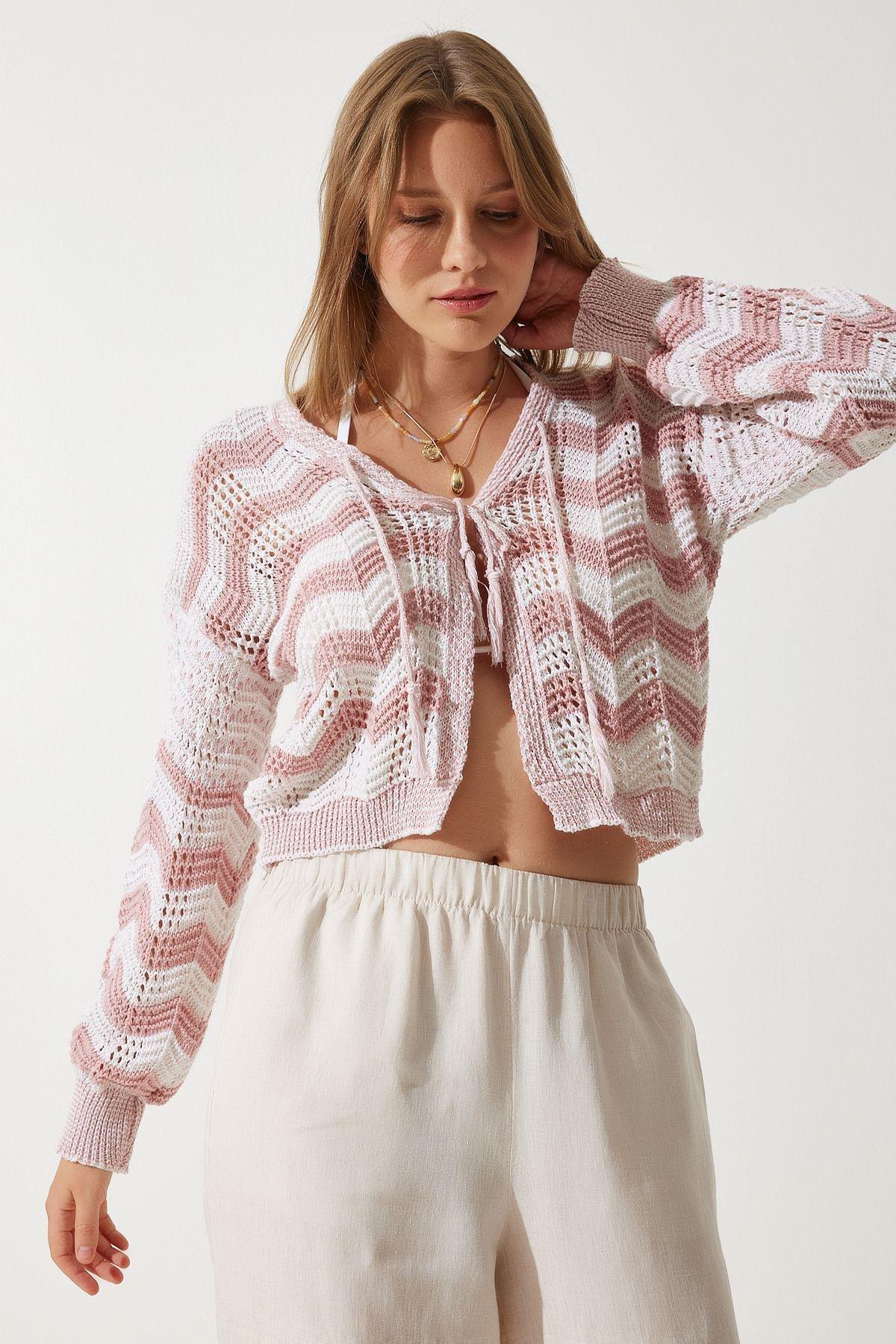 Multicolour Striped Openwork Knitwear Cardigan, Cream Pink, large image number 2