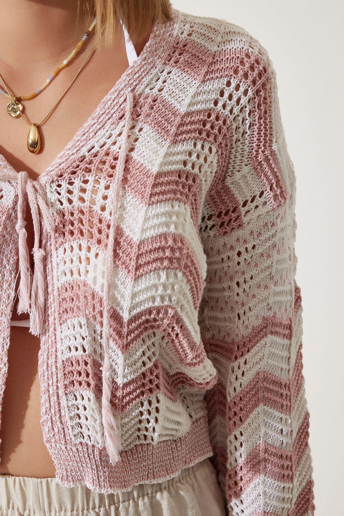 Multicolour Striped Openwork Knitwear Cardigan, Cream Pink, large image number 3