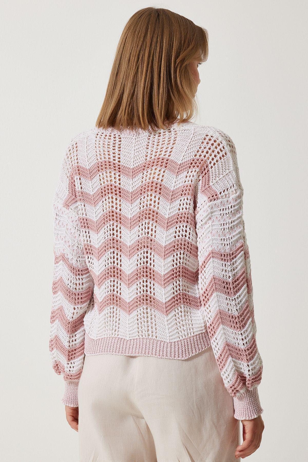 Multicolour Striped Openwork Knitwear Cardigan, Cream Pink, large image number 4
