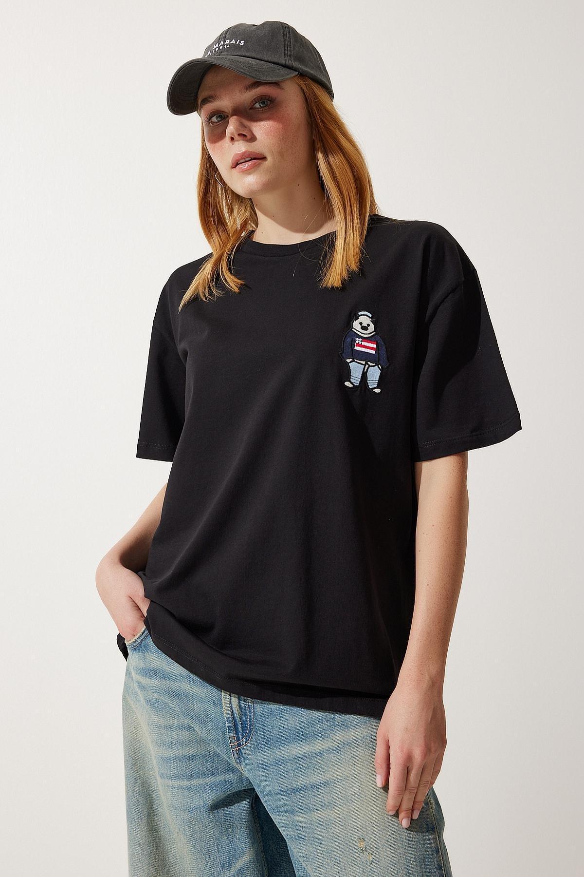 Black Crew Neck Oversized Knitted T-Shirt, , medium