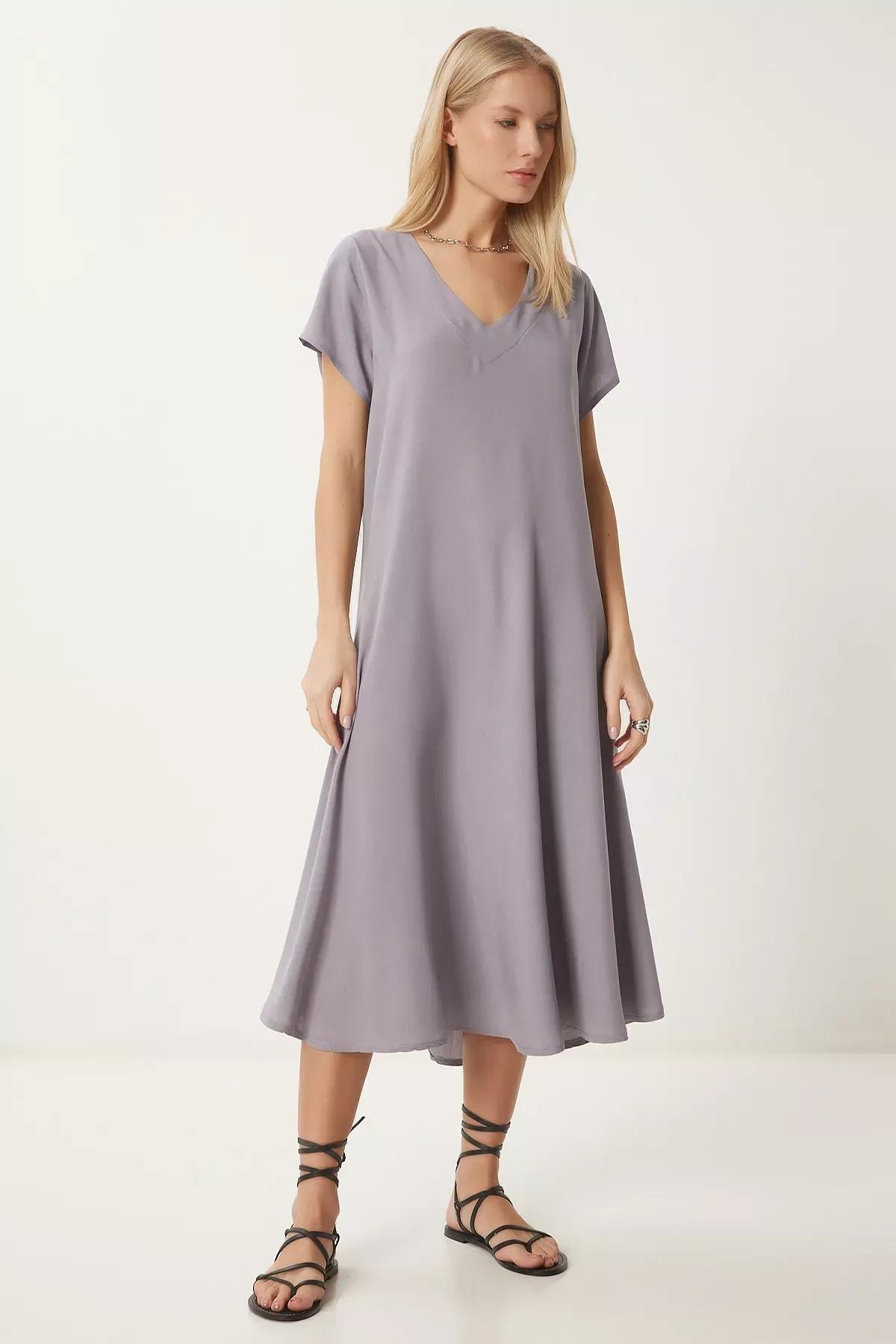 Grey V-Neck Draped Dress, , large image number 0