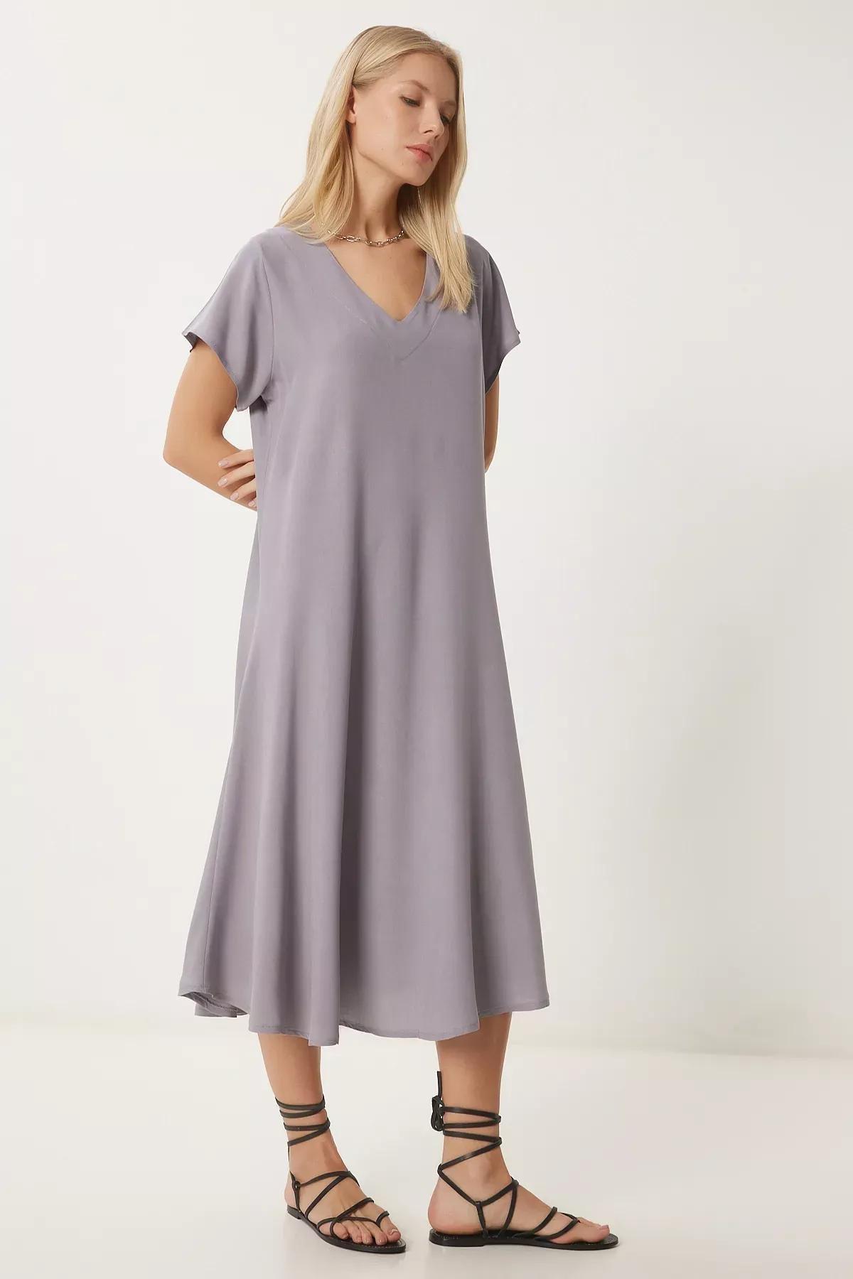 Grey V-Neck Draped Dress, , large image number 1