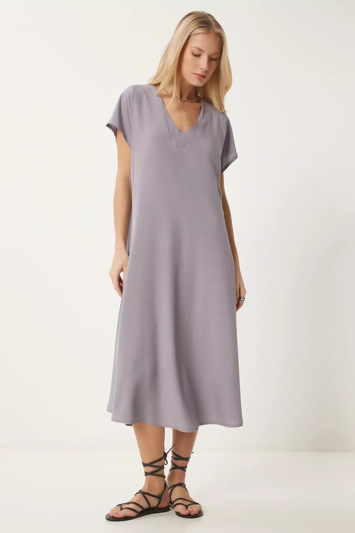 Grey V-Neck Draped Dress, , large image number 2