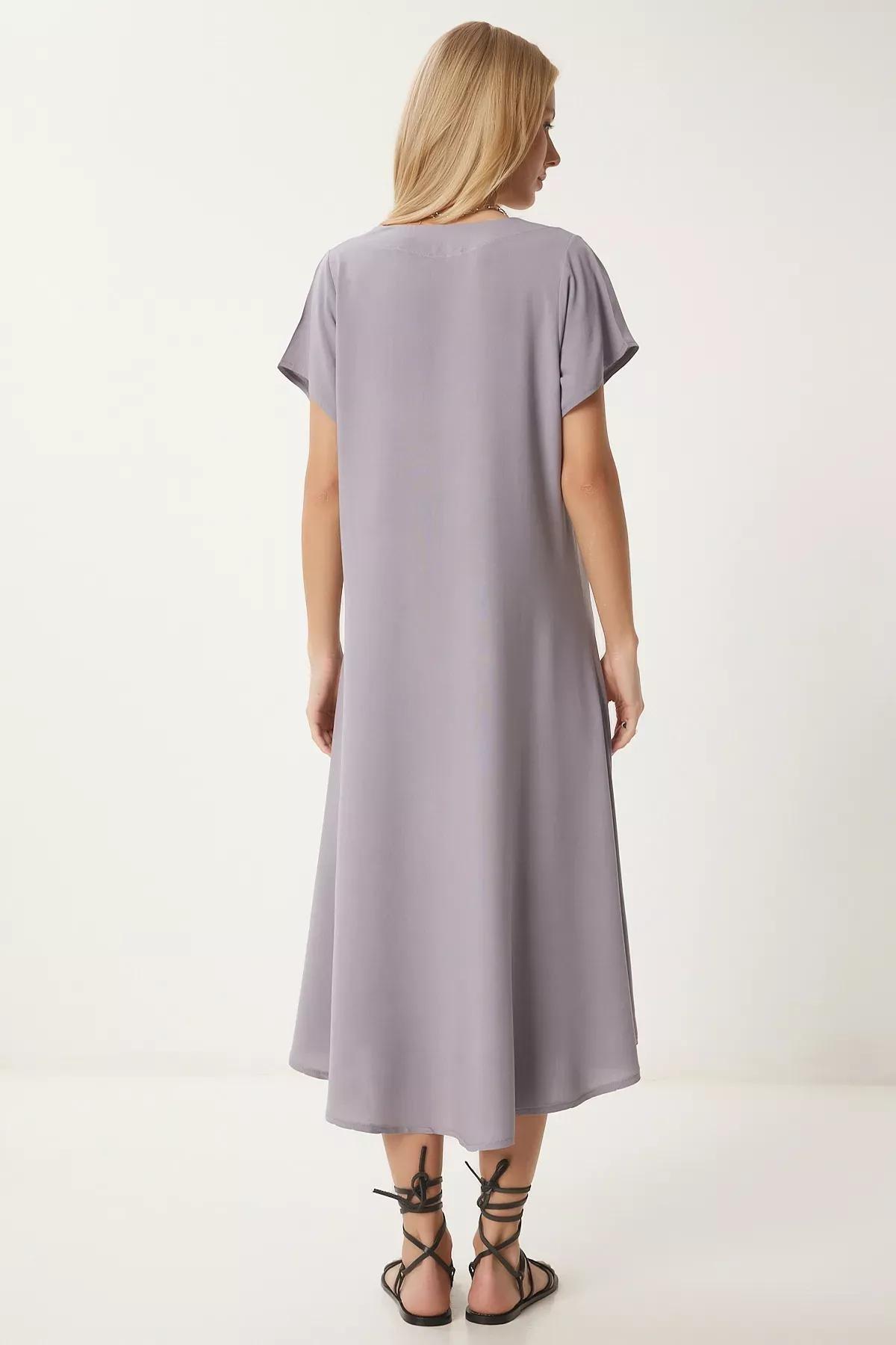 Grey V-Neck Draped Dress, , large image number 4