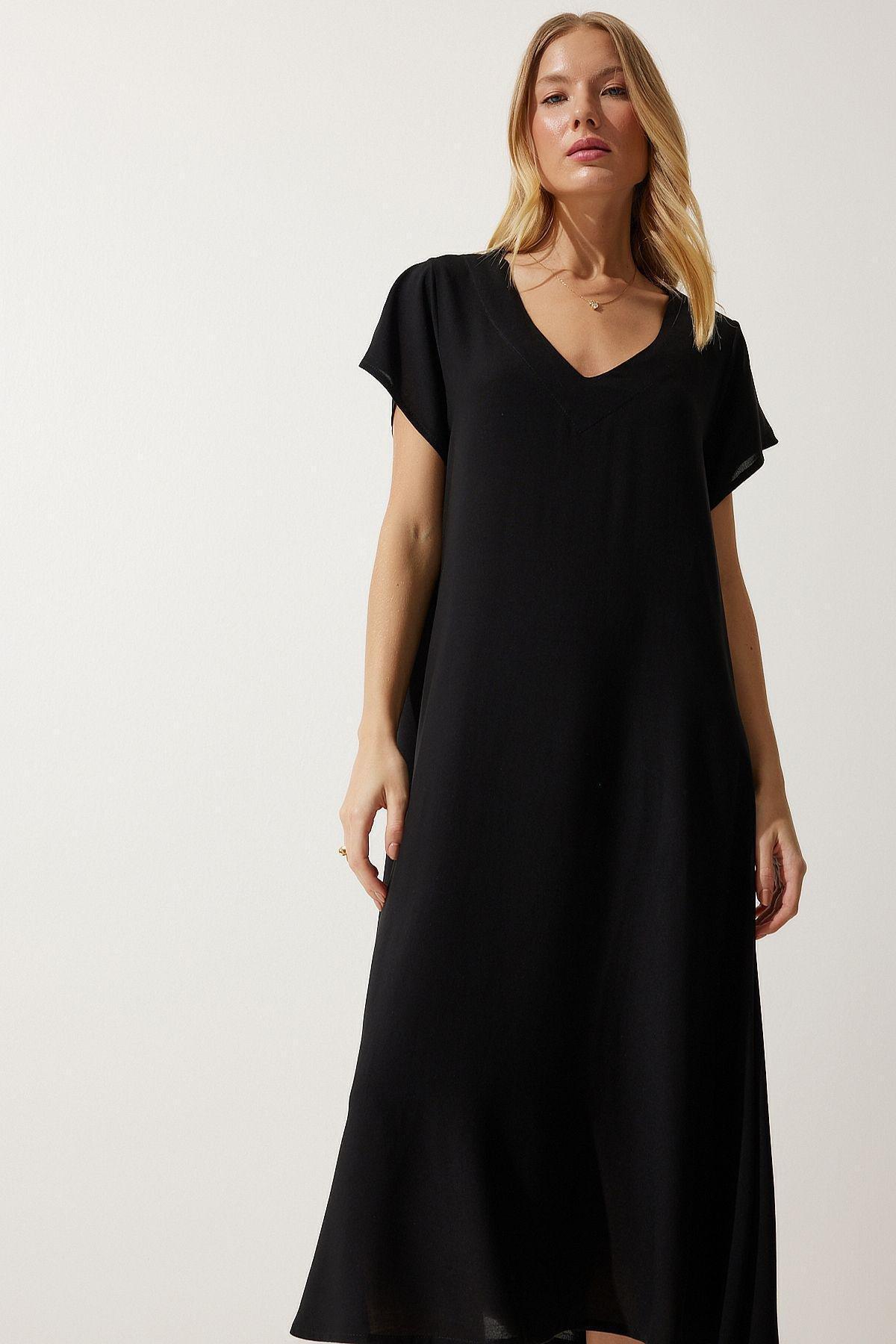Black Plain Shift Midi Dress, , large image number 0